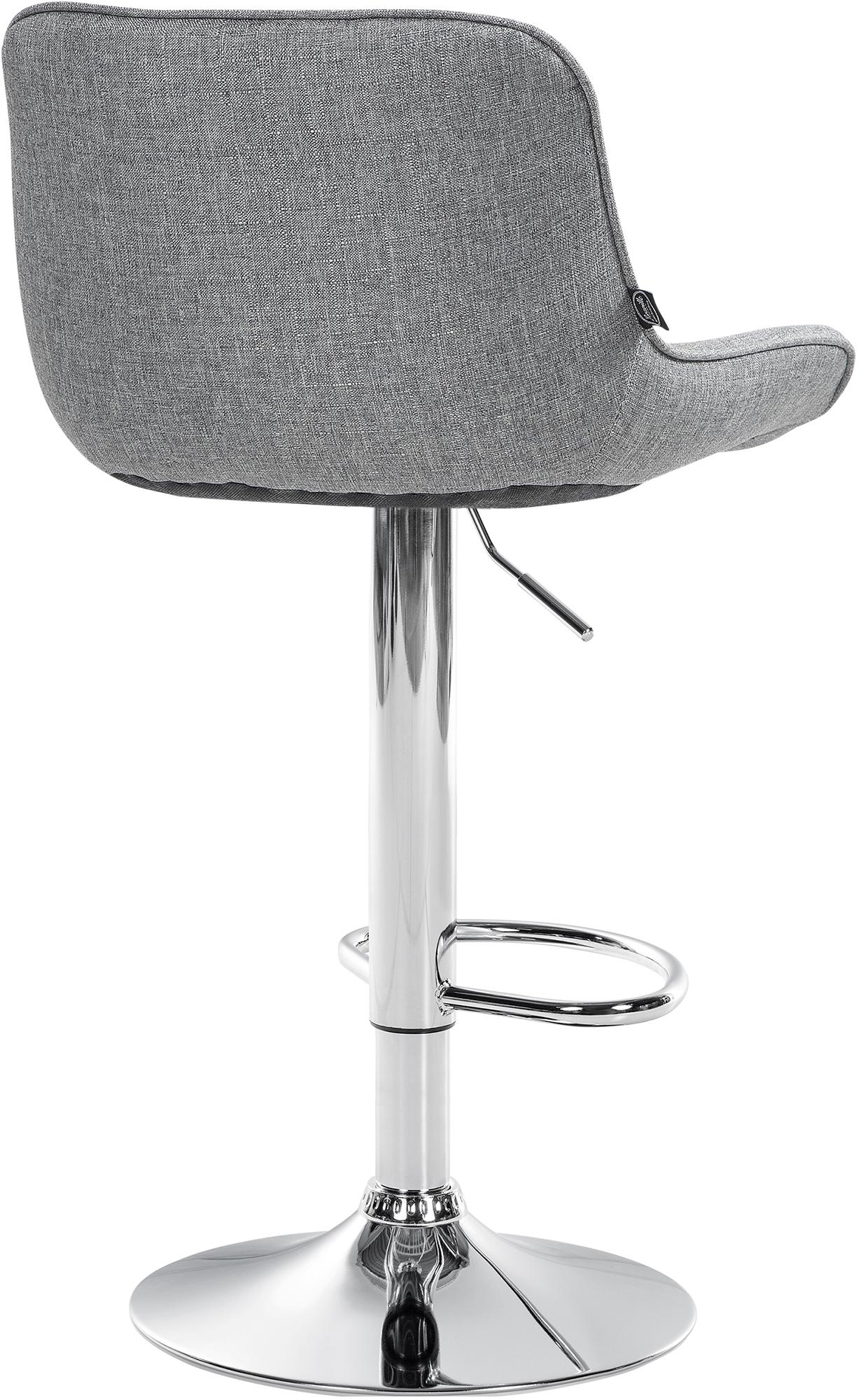 Set di 2 sgabelli da bar Vonore in tessuto grigio con base cromata, regolabili in altezza per un design moderno e funzionale.