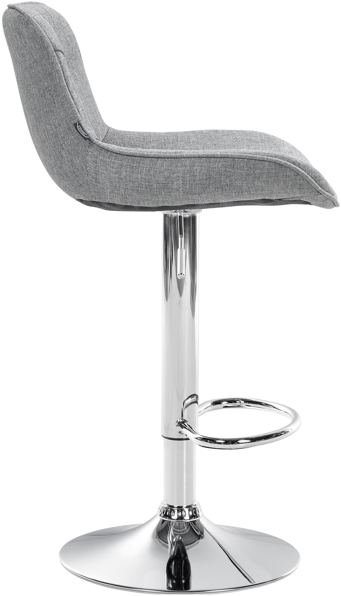 Set di 2 sgabelli da bar Vonore in tessuto grigio con base cromata, regolabili in altezza per un design moderno e funzionale.