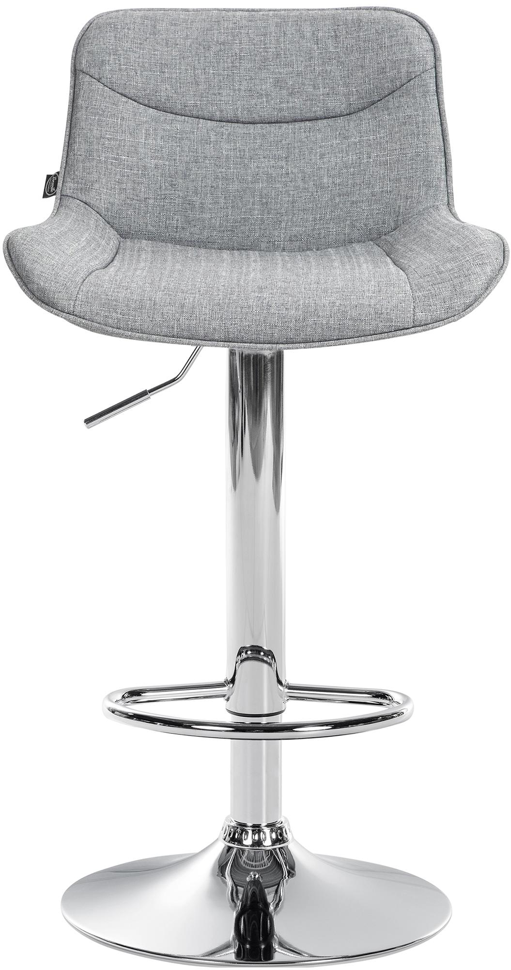 Set di 2 sgabelli da bar Vonore in tessuto grigio con base cromata, regolabili in altezza per un design moderno e funzionale.