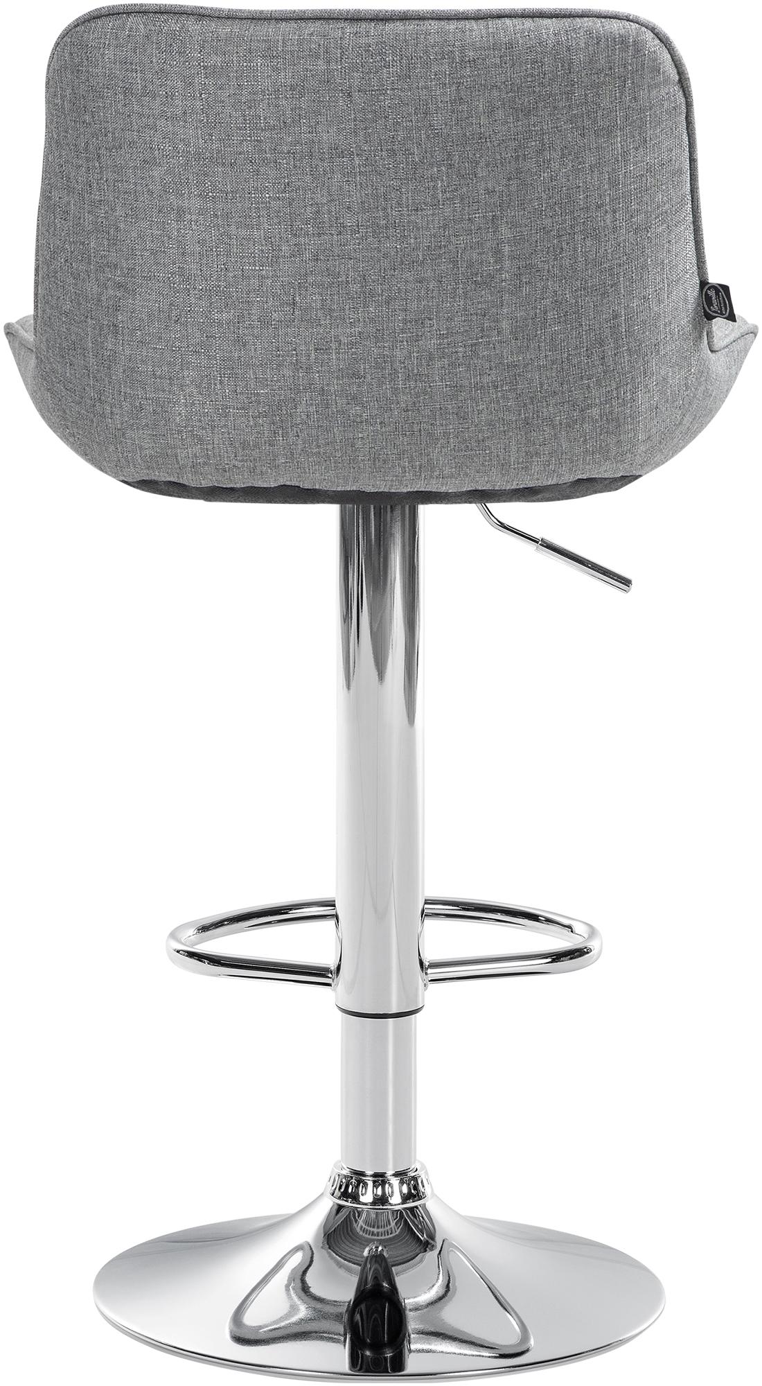 Set di 2 sgabelli da bar Vonore in tessuto grigio con base cromata, regolabili in altezza per un design moderno e funzionale.