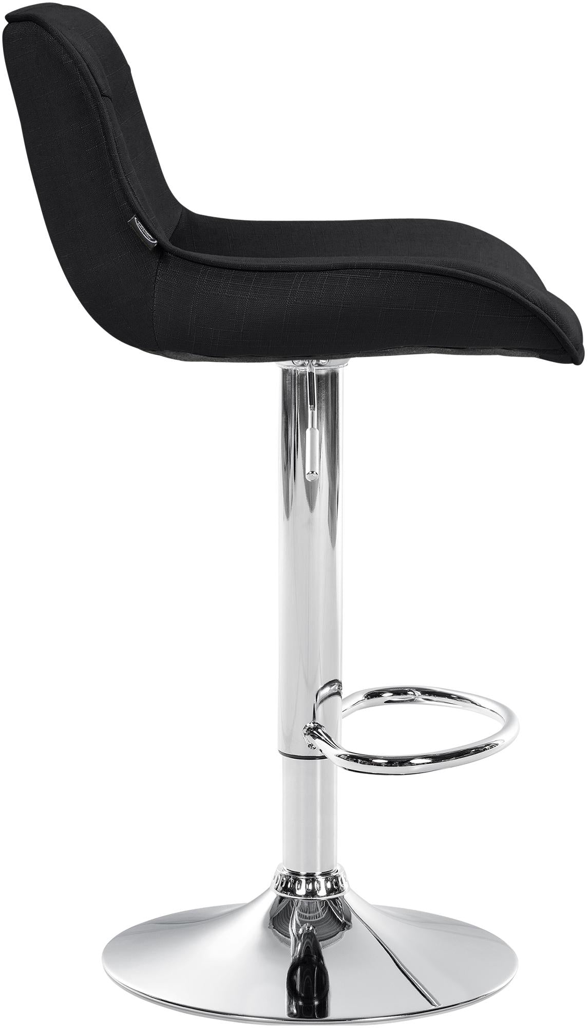 Set di 2 sgabelli da bar regolabili in altezza, in tessuto nero con base cromata, design moderno e funzionale.