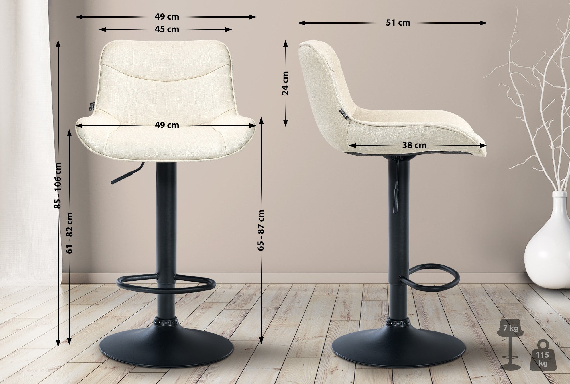 Set di 2 sgabelli da bar Vonore in tessuto nero e crema, regolabili in altezza, design moderno e funzionale.