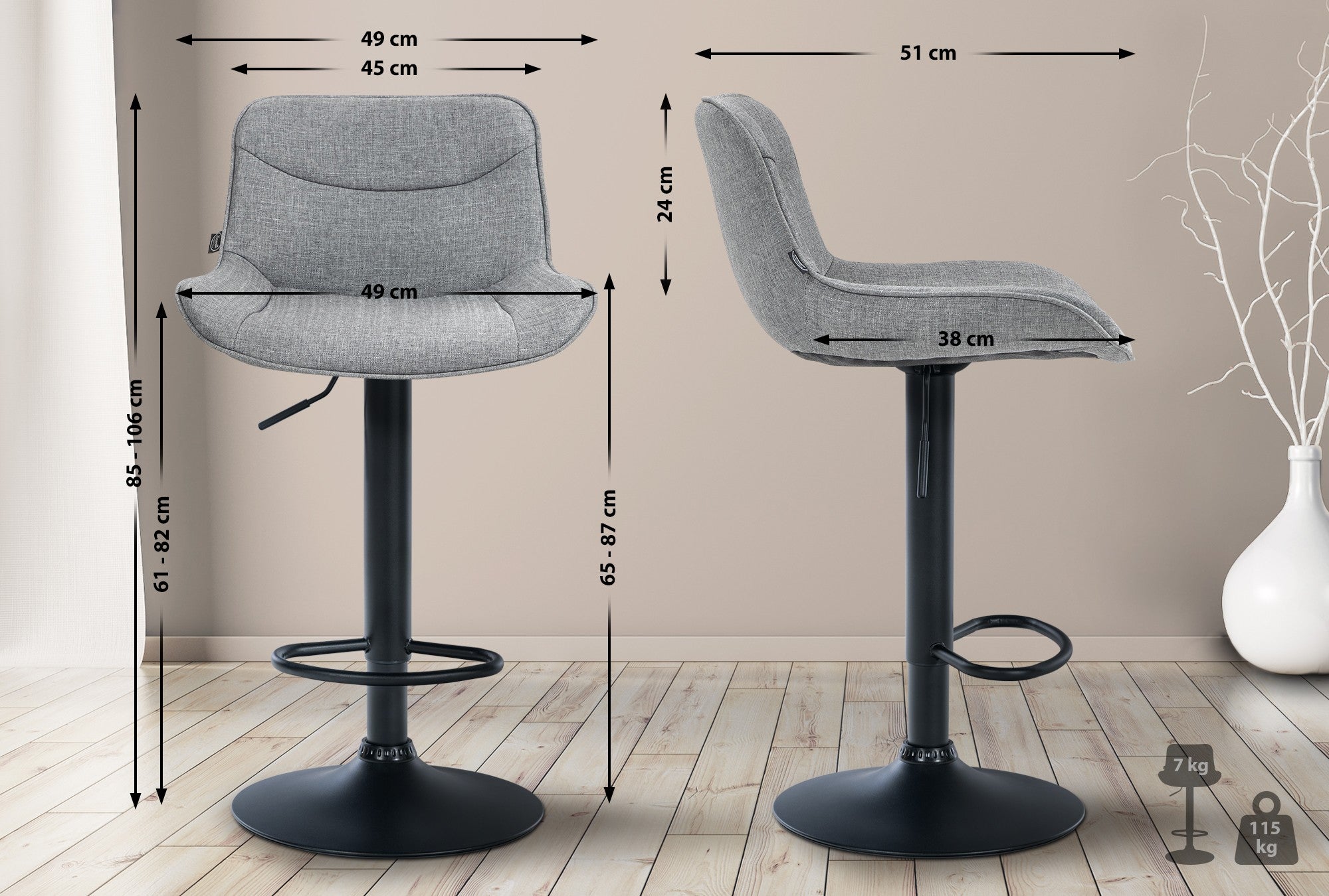 Set di 2 sgabelli da bar Vonore in tessuto nero e grigio, regolabili in altezza, dal design moderno e funzionale.