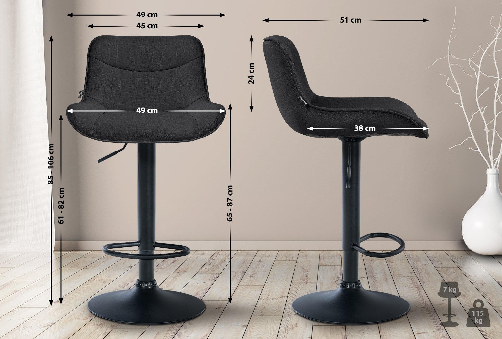 Set di 2 sgabelli da bar Vonore in tessuto nero, regolabili in altezza, design moderno e funzionale per ogni ambiente.