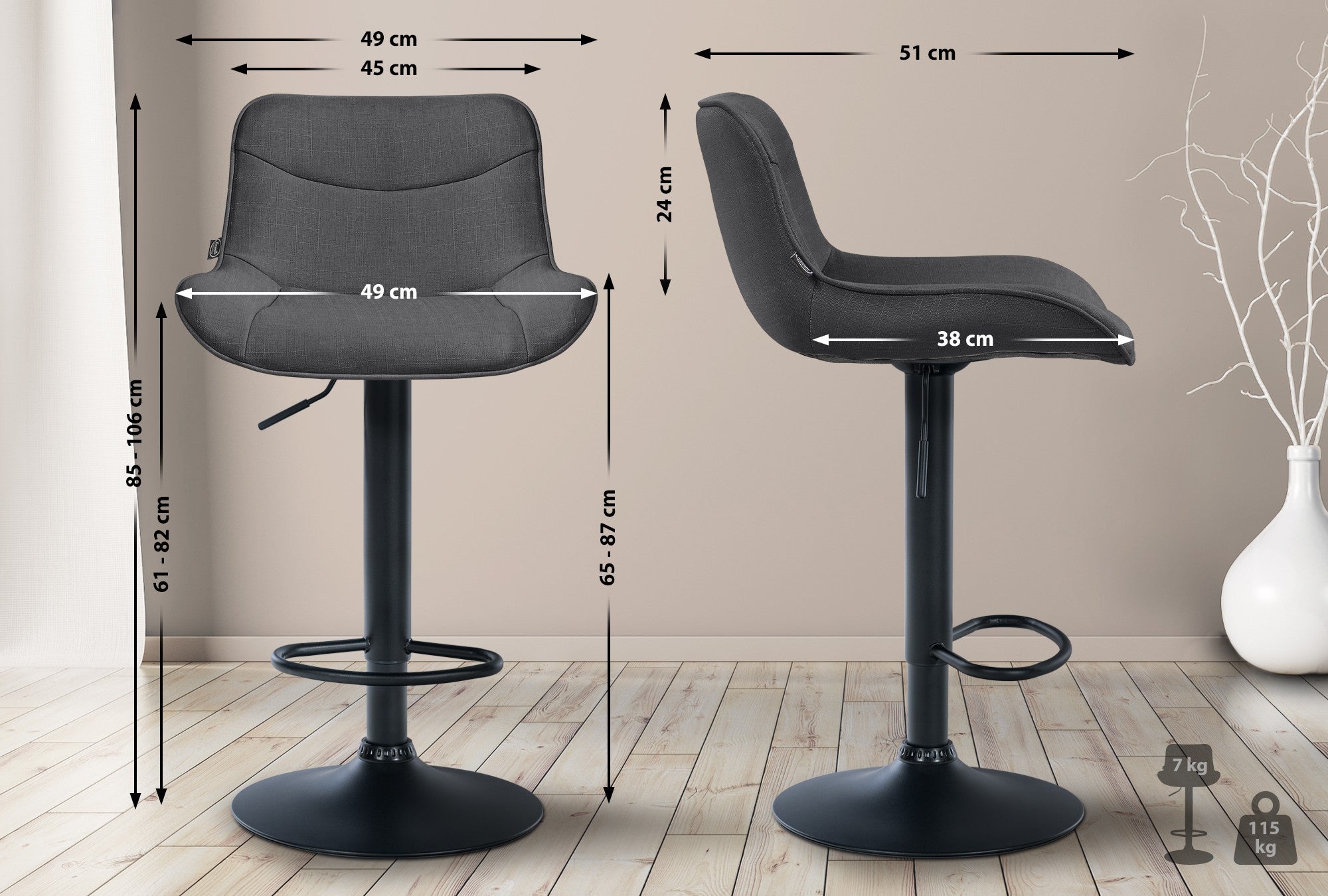 Set di 2 sgabelli da bar regolabili in altezza Vonore, in tessuto nero e grigio scuro, dal design moderno e funzionale.