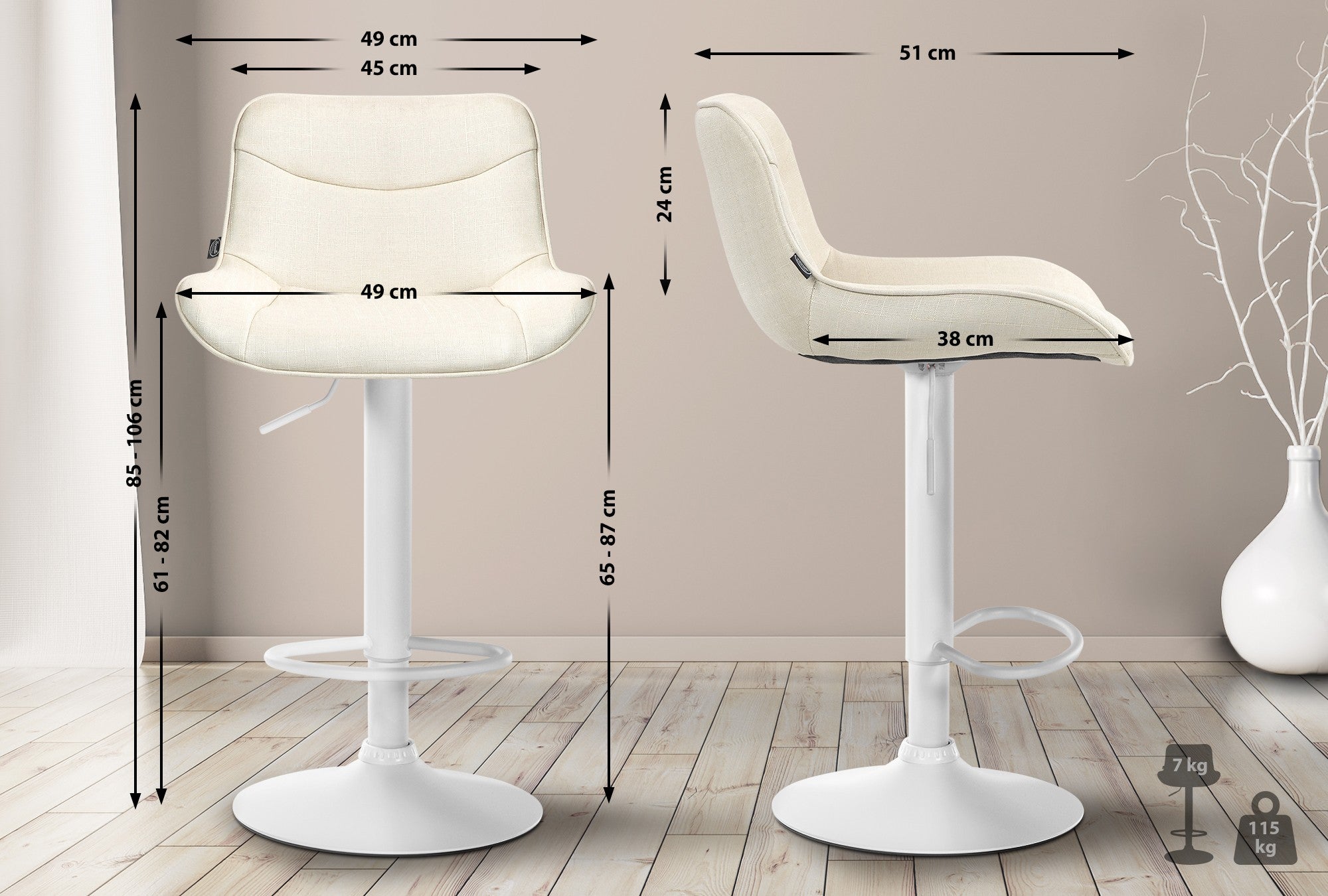 Set di 2 sgabelli da bar Vonore in tessuto crema, regolabili in altezza, perfetti per arredare con stile.