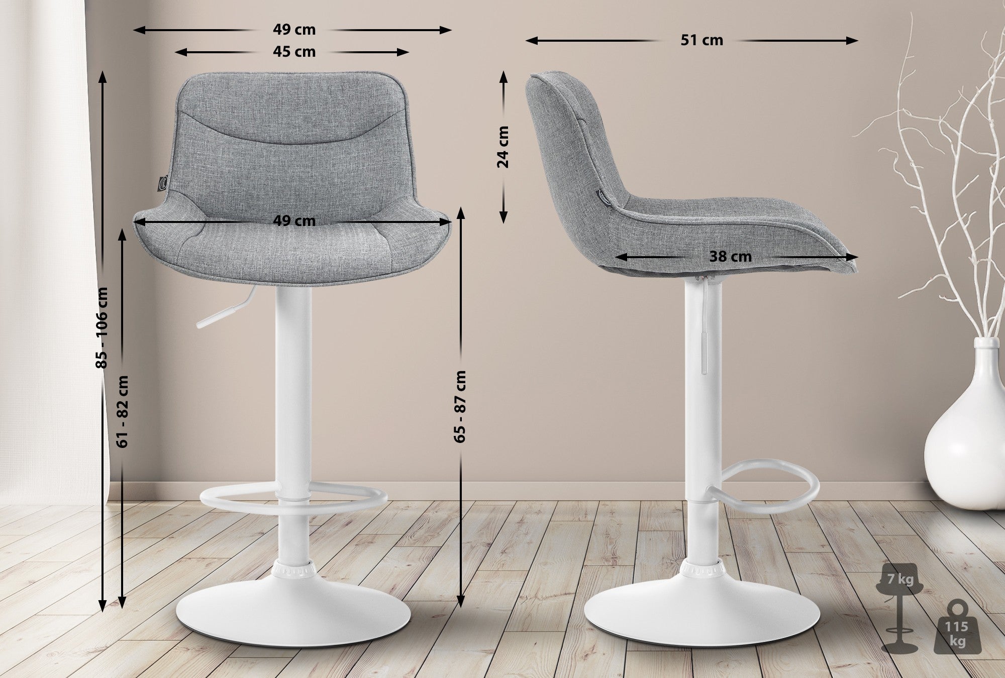 Set di 2 sgabelli da bar Vonore in tessuto grigio, regolabili in altezza, perfetti per un arredamento moderno e funzionale.