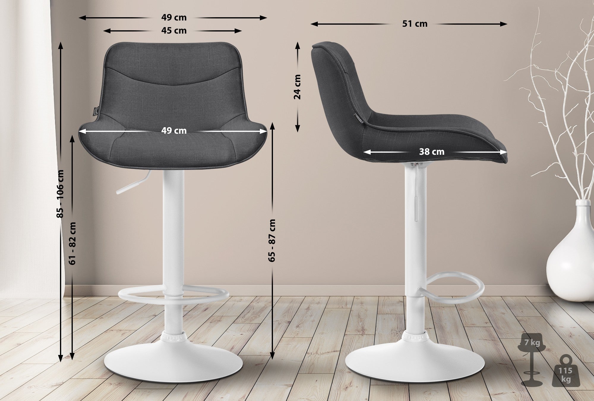 Set di 2 sgabelli da bar regolabili in altezza, tessuto grigio scuro, design moderno e funzionale per ogni ambiente.
