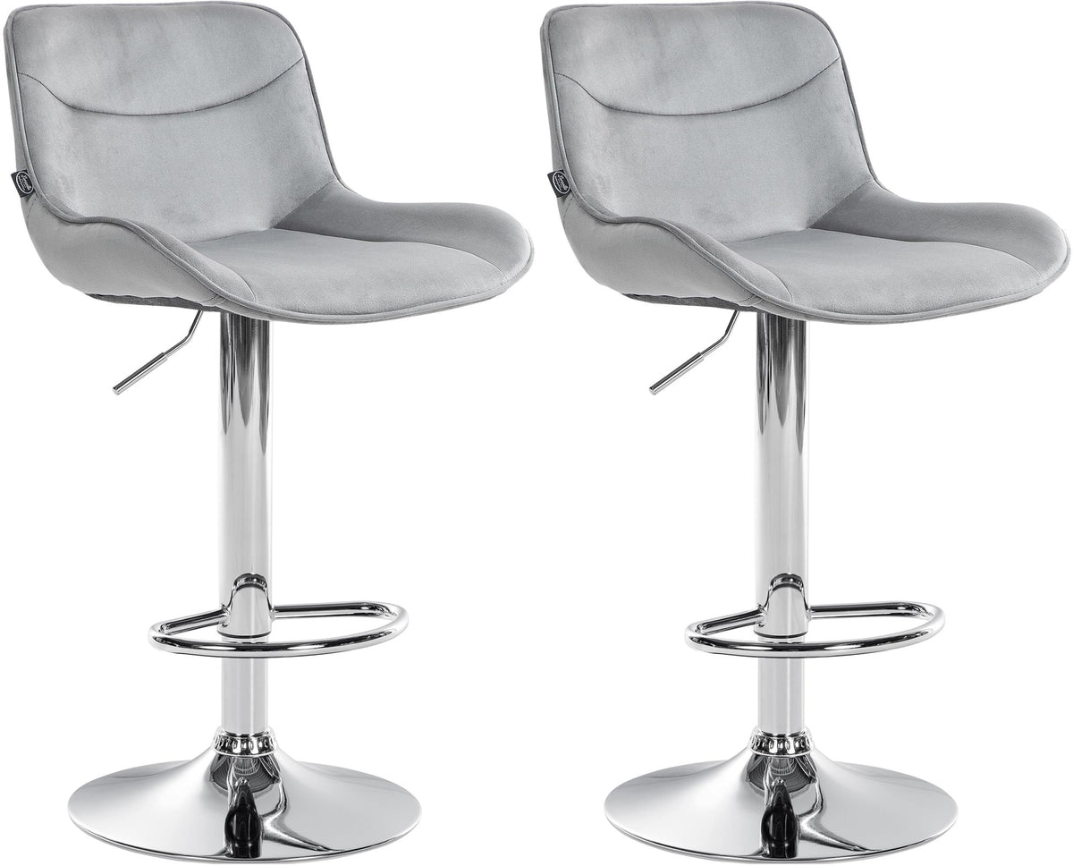 Set di 2 sgabelli da bar Vonore in velluto grigio con base cromata, regolabili in altezza e dal design moderno.
