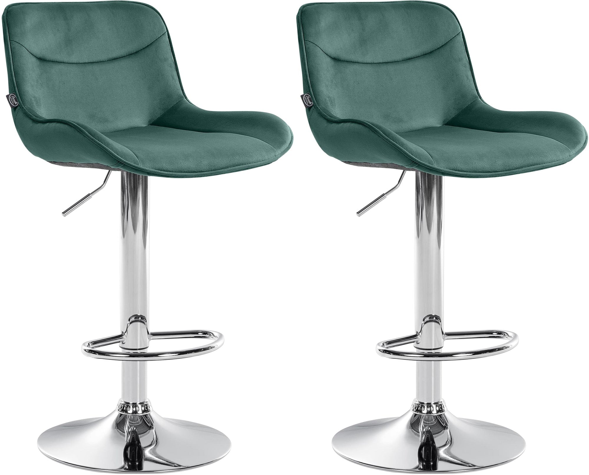 Set di 2 sgabelli da bar Vonore in velluto verde con base cromata, design moderno e regolabile in altezza.