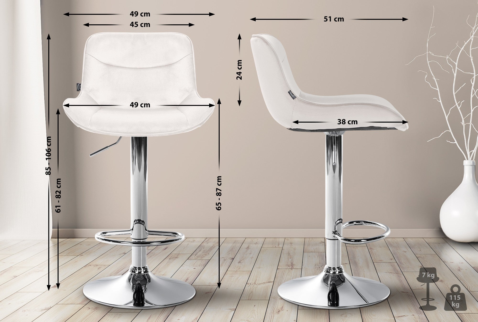 Set di 2 sgabelli da bar Vonore in velluto crema con base cromata, regolabili in altezza e dal design moderno.