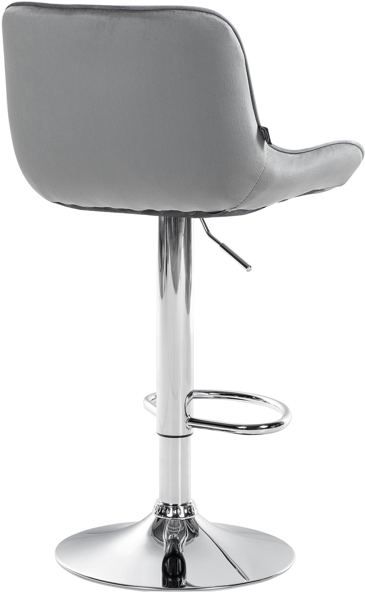 Set di 2 sgabelli da bar Vonore in velluto grigio con base cromata, regolabili in altezza e dal design moderno.