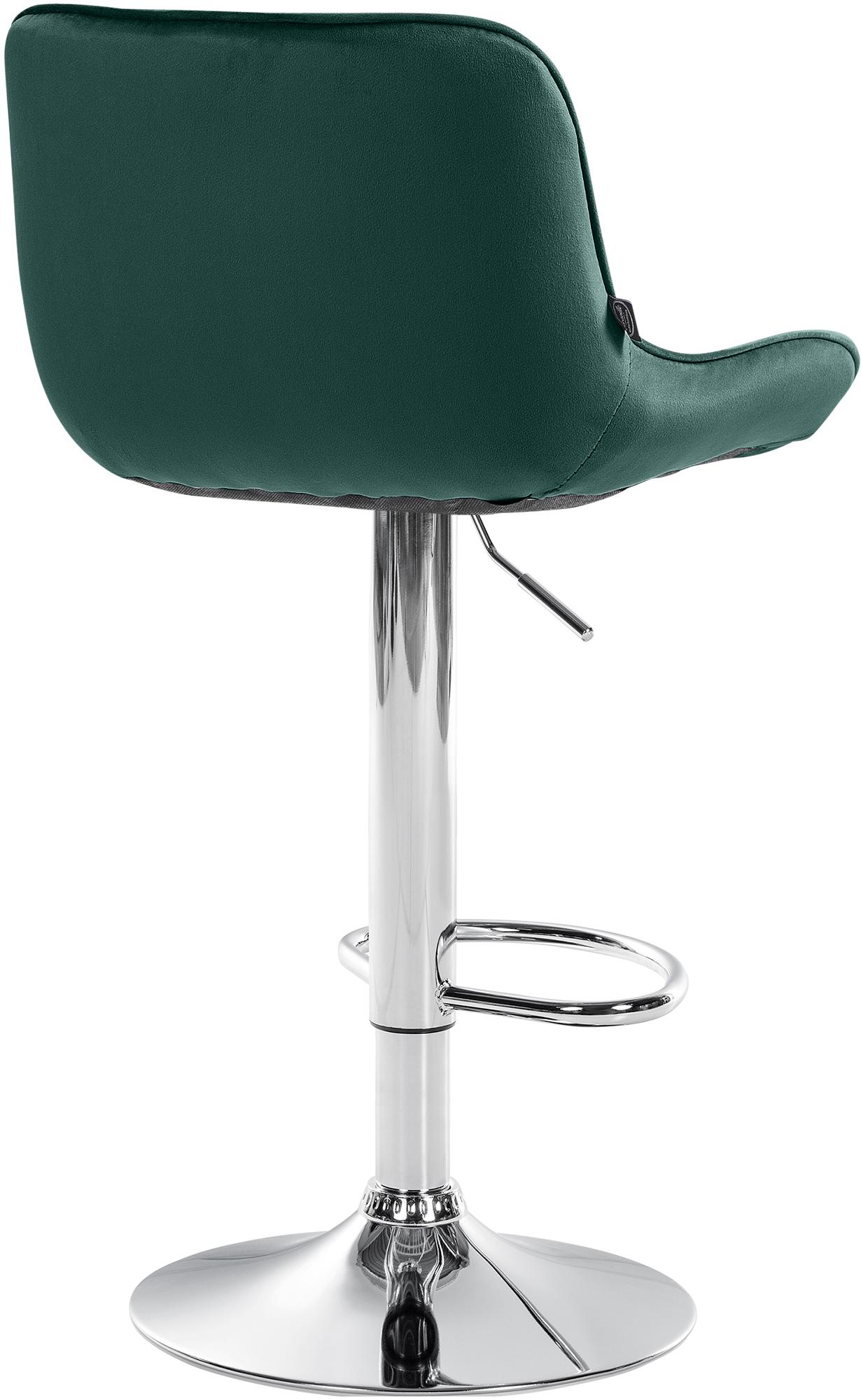 Set di 2 sgabelli da bar Vonore in velluto verde con base cromata, design moderno e regolabile in altezza.