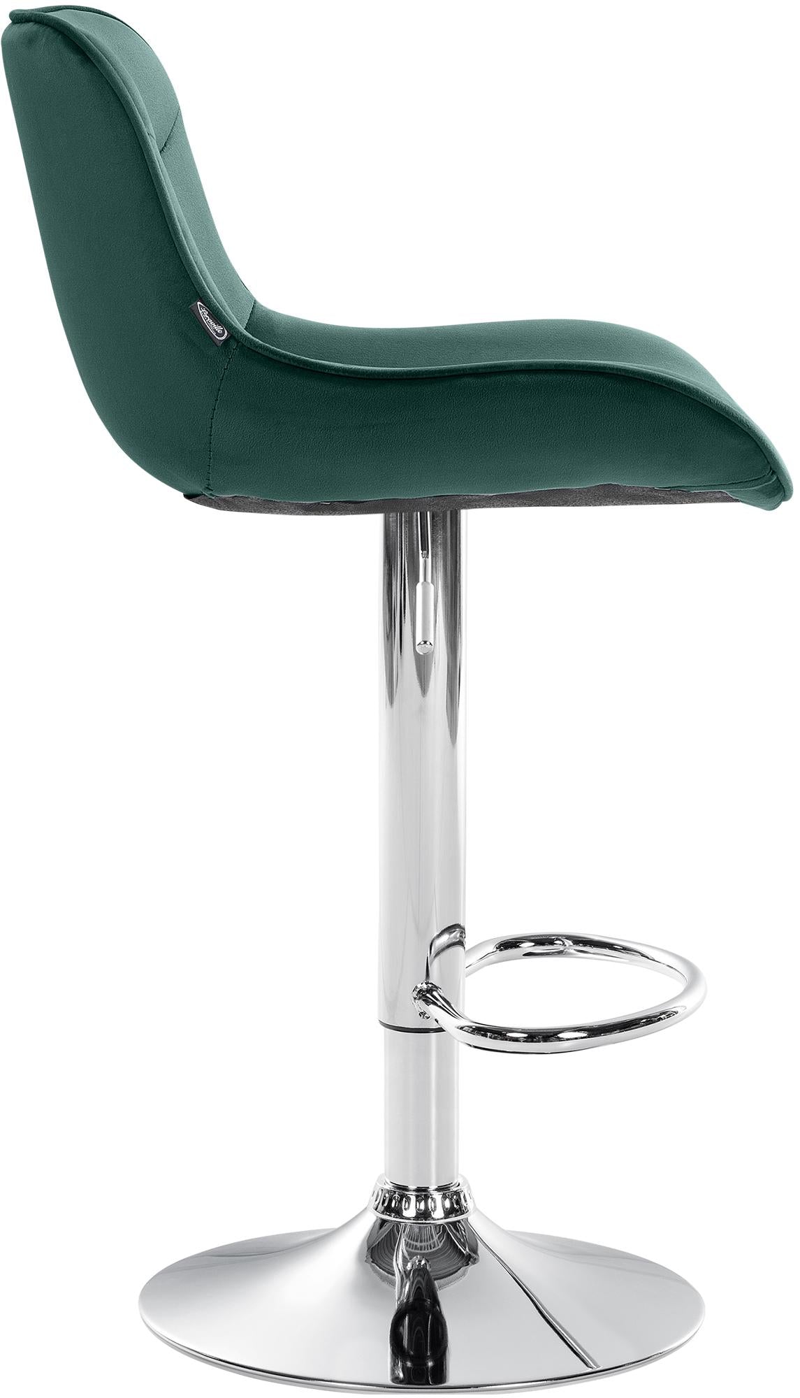 Set di 2 sgabelli da bar Vonore in velluto verde con base cromata, design moderno e regolabile in altezza.