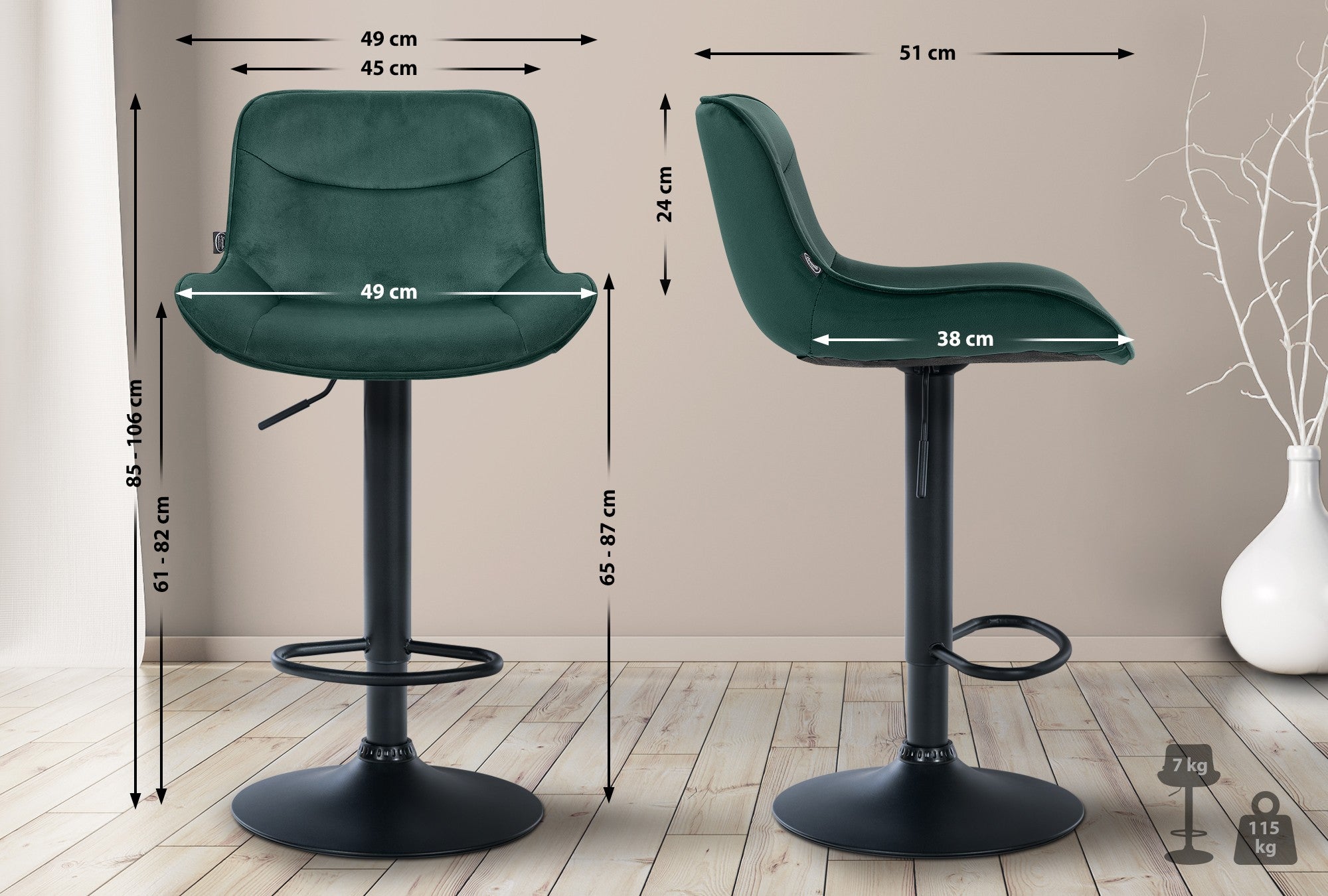 Set di 2 sgabelli da bar Vonore in velluto nero e verde, design moderno e regolabile in altezza per un comfort elegante.