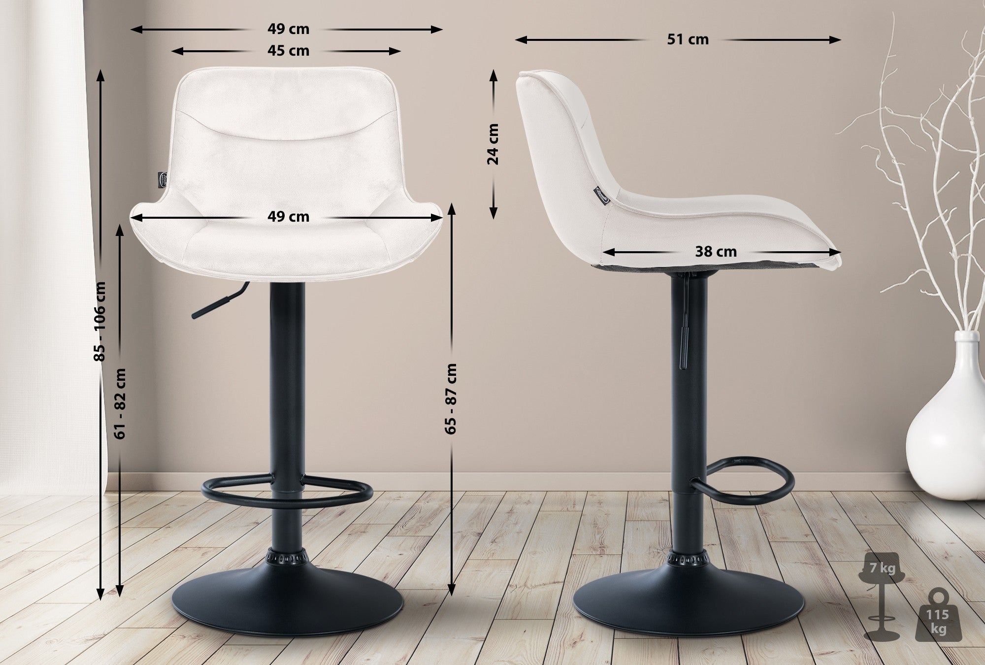 Set di 2 sgabelli da bar Vonore in velluto nero e crema, eleganti e regolabili in altezza per un design moderno.