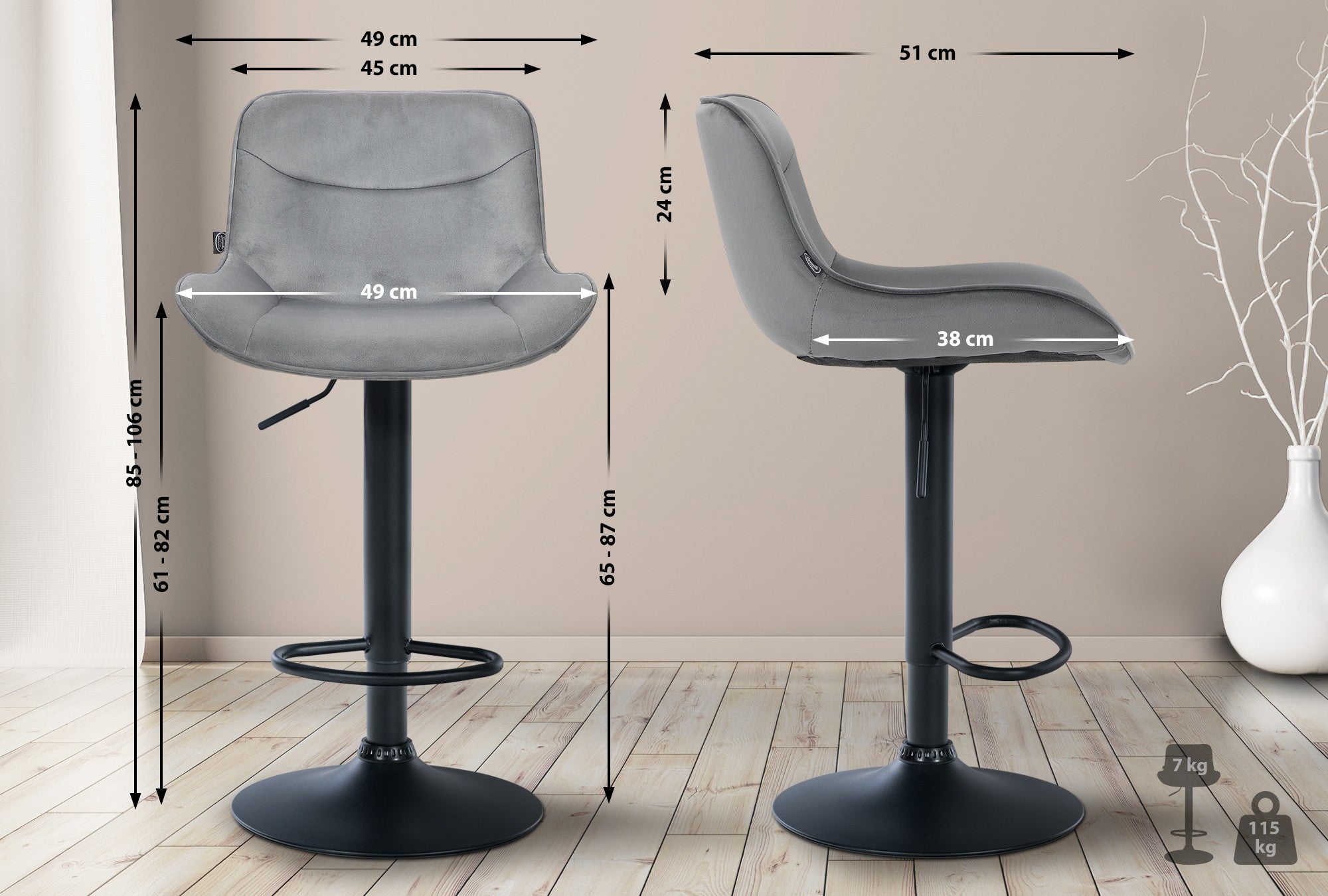 Set di 2 sgabelli da bar Vonore in velluto nero e grigio, regolabili in altezza, design moderno e funzionale.