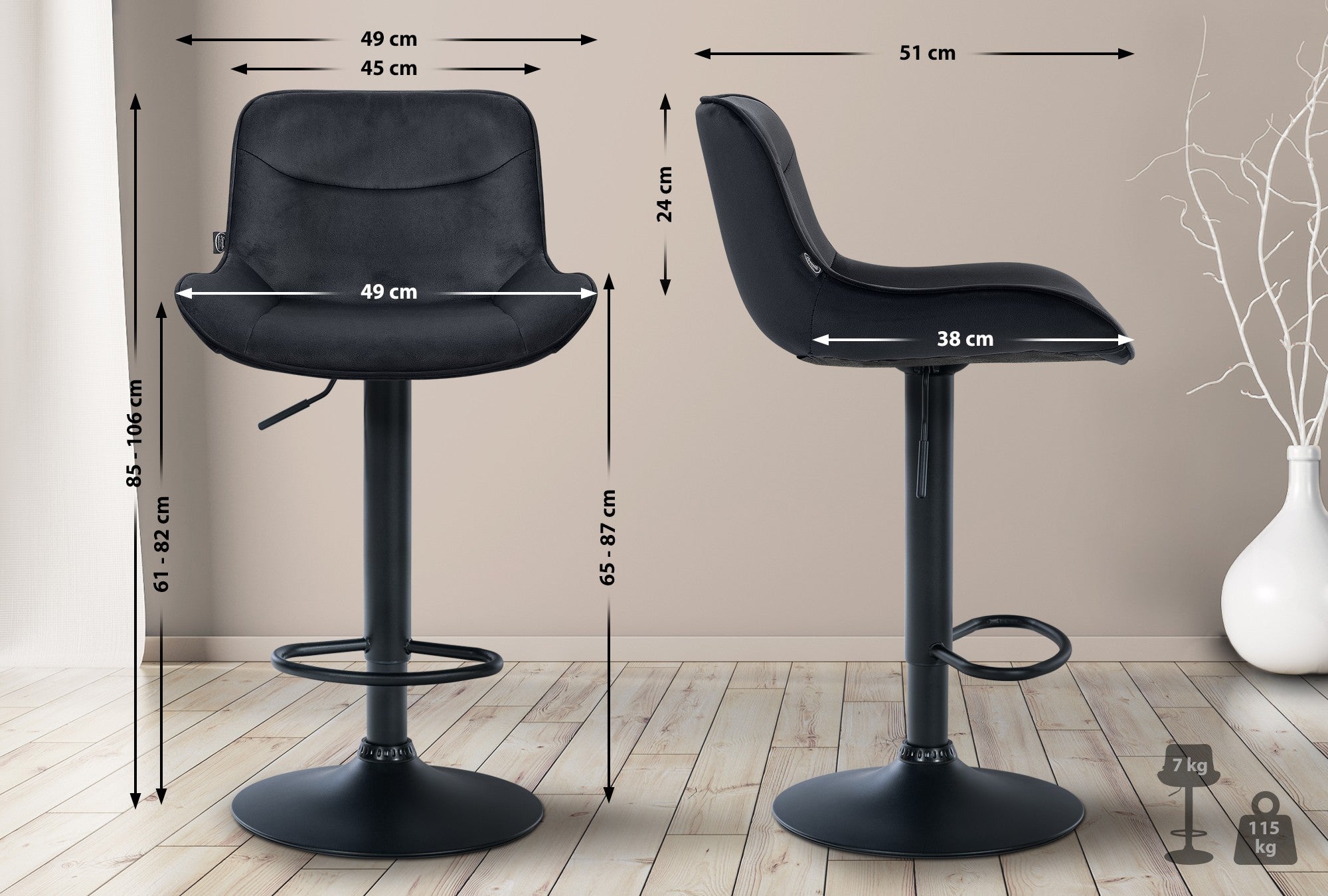Set di 2 sgabelli da bar Vonore in velluto nero, regolabili in altezza, design moderno e funzionale per la tua casa.