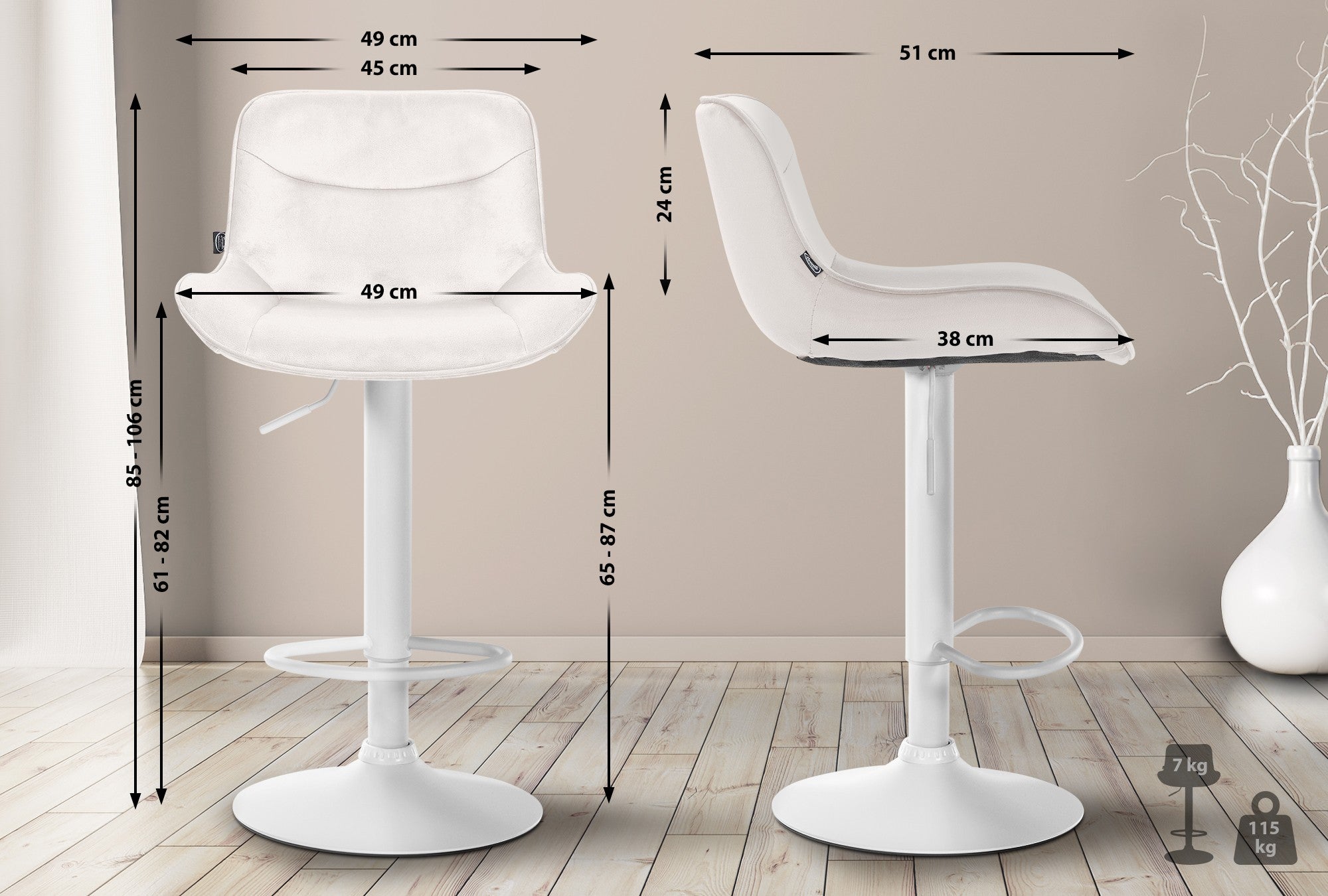 Set di 2 sgabelli da bar Vonore in velluto crema, eleganti e regolabili in altezza per un design moderno e funzionale.