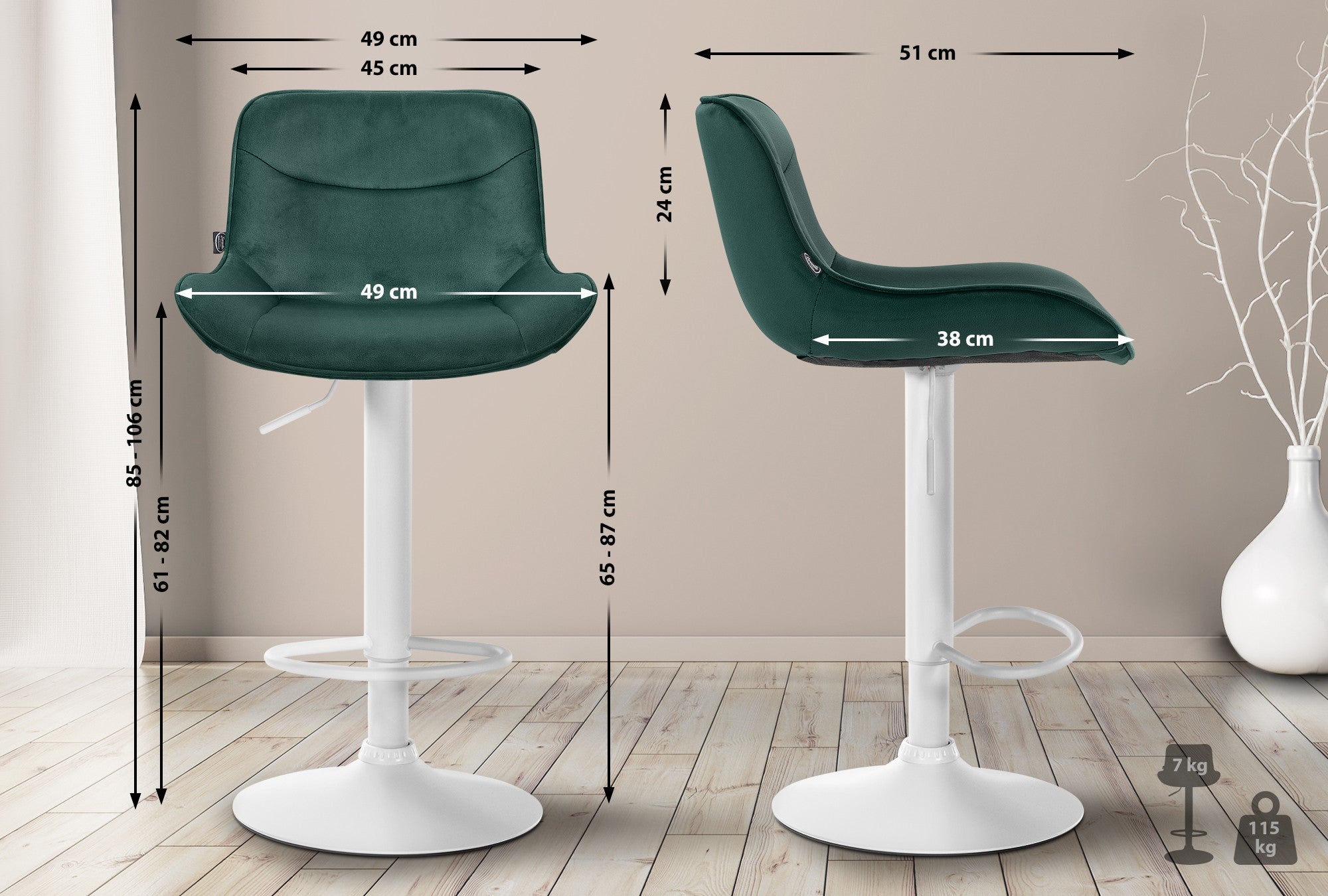 Set di 2 sgabelli da bar Vonore in velluto bianco e verde, regolabili in altezza, design moderno e funzionale.