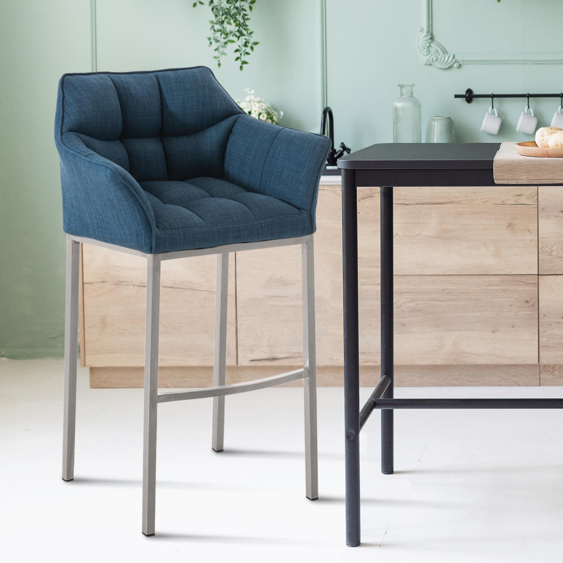 Barhocker Damaso E Stoff mit 4-Fuß Gestell - blau - InfinityMarket