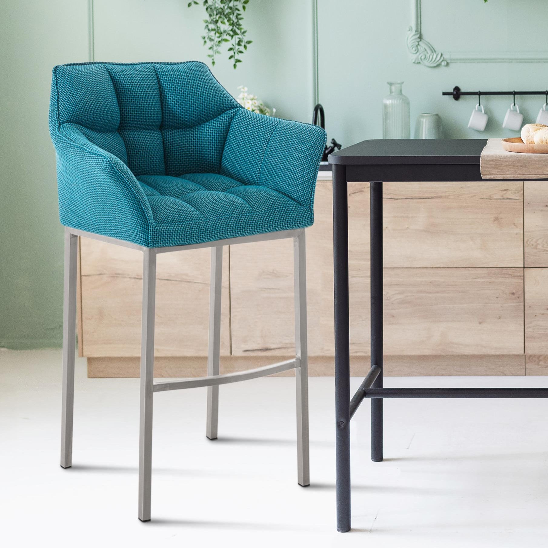 Barhocker Damaso E Stoff mit 4-Fuß Gestell - türkis - InfinityMarket