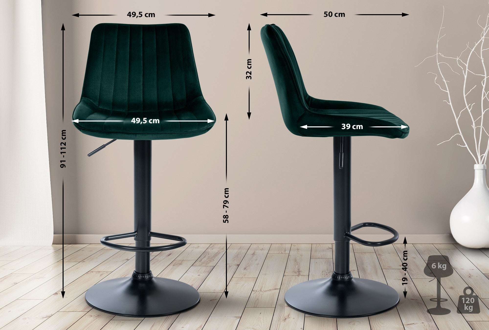 Set di 2 sgabelli da bar Toni in velluto nero e verde, design moderno e comfort ottimale per ogni ambiente.