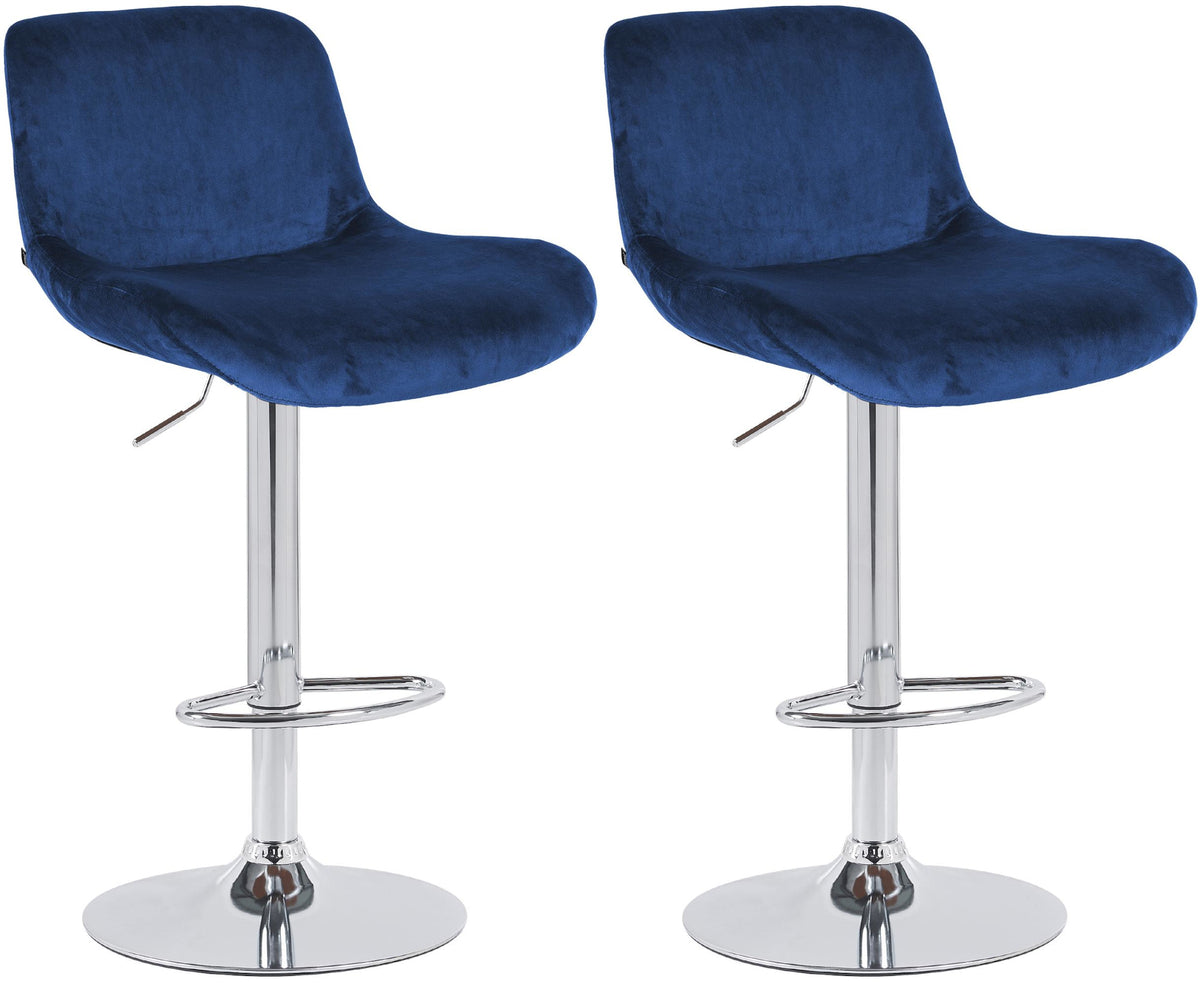 Set di 2 sgabelli da bar Solon in blu, design moderno con seduta in velluto e struttura in cromo, comfort elevato.