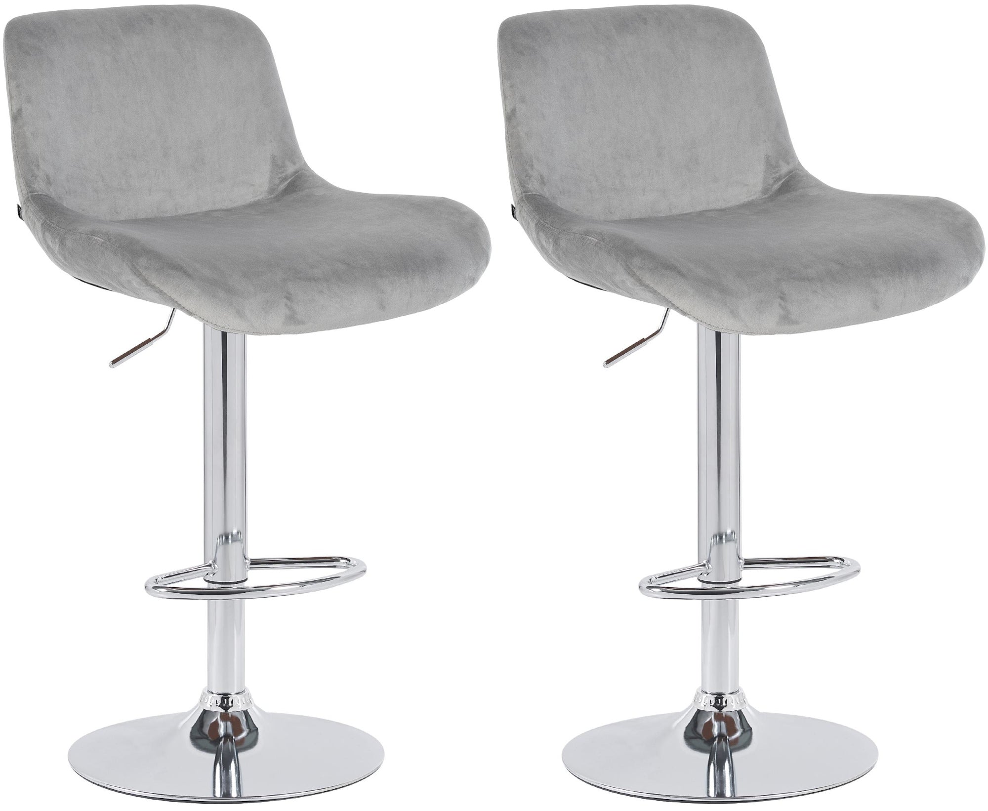 Set di 2 sgabelli da bar Solon in velluto grigio con struttura in finitura cromo, design moderno e comfort elevato.