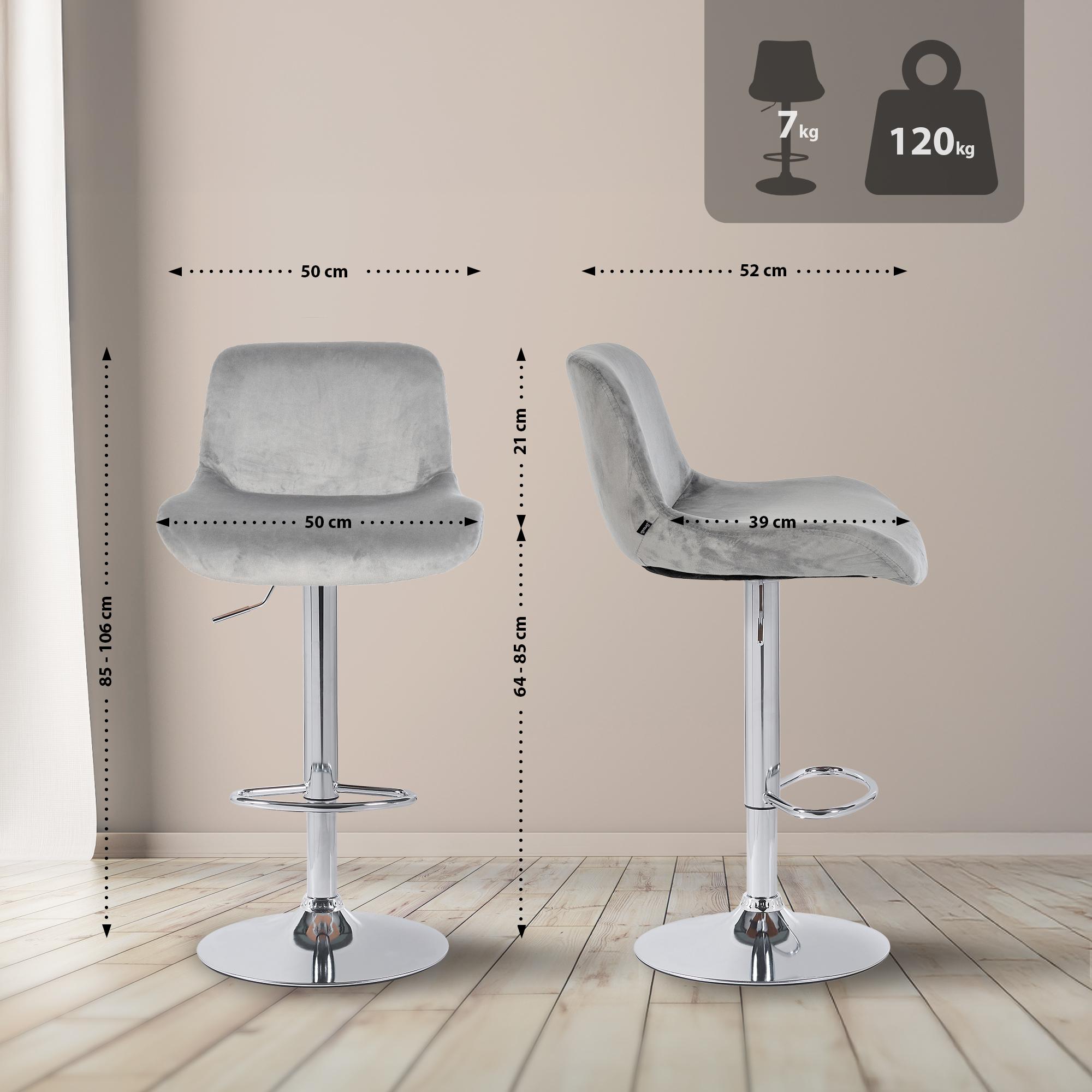 Set di 2 sgabelli da bar Solon in velluto grigio con struttura in finitura cromo, design moderno e comfort elevato.
