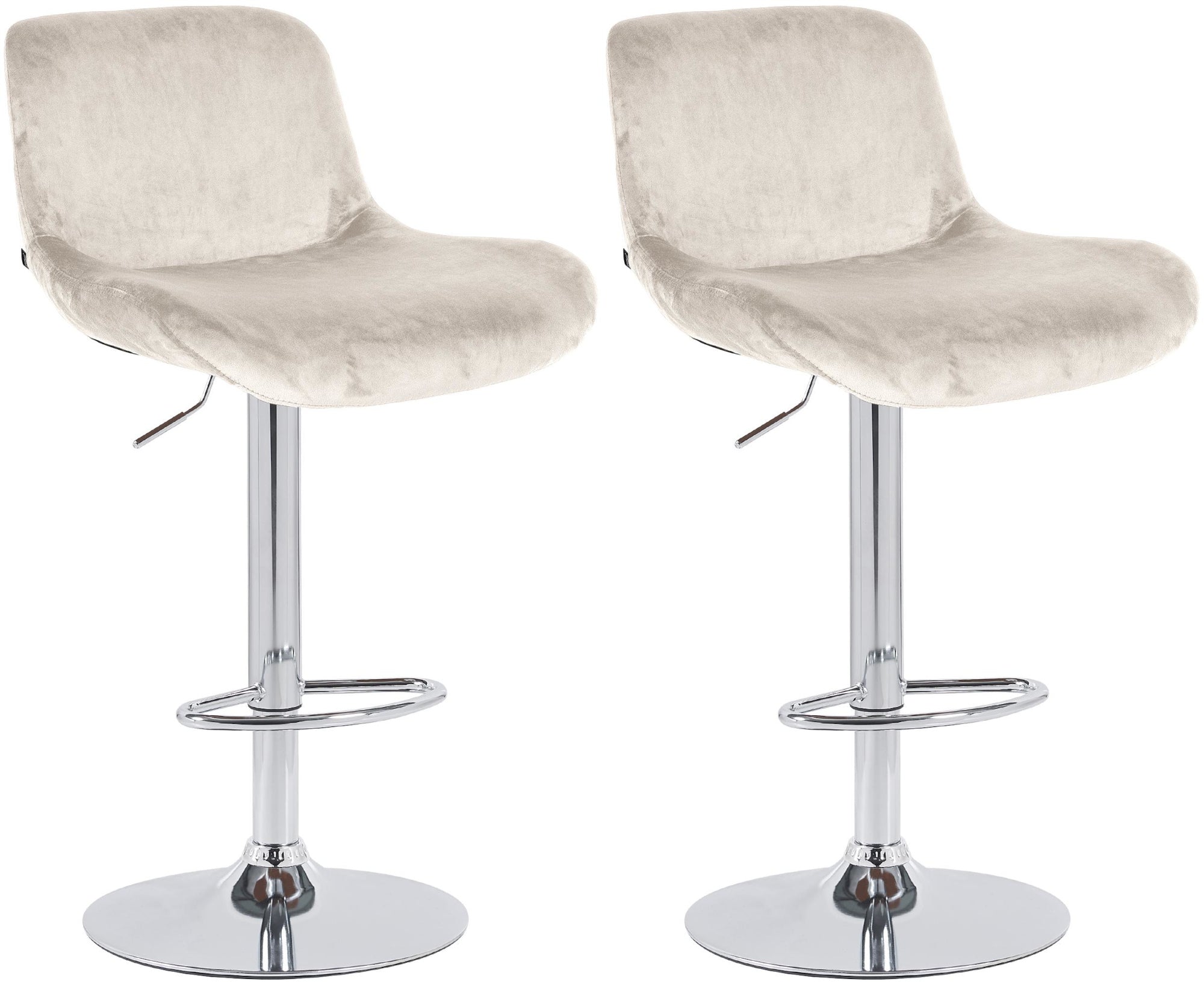 Set di 2 sgabelli da bar Solon in cromo e velluto crema, design moderno e comfort ottimale per ogni ambiente.