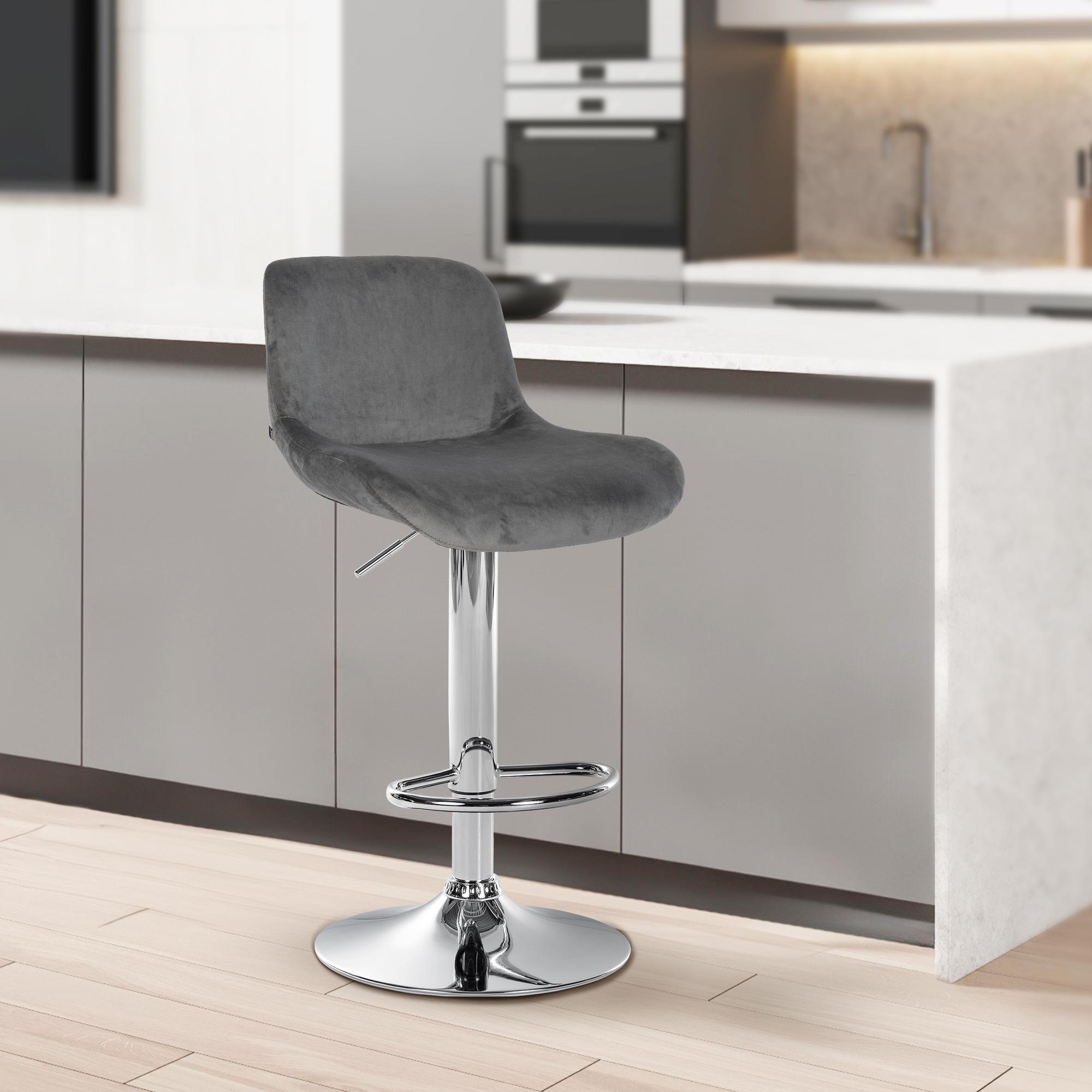 Set di 2 sgabelli da bar Solon in cromato e velluto grigio scuro, design moderno e comfort elevato.