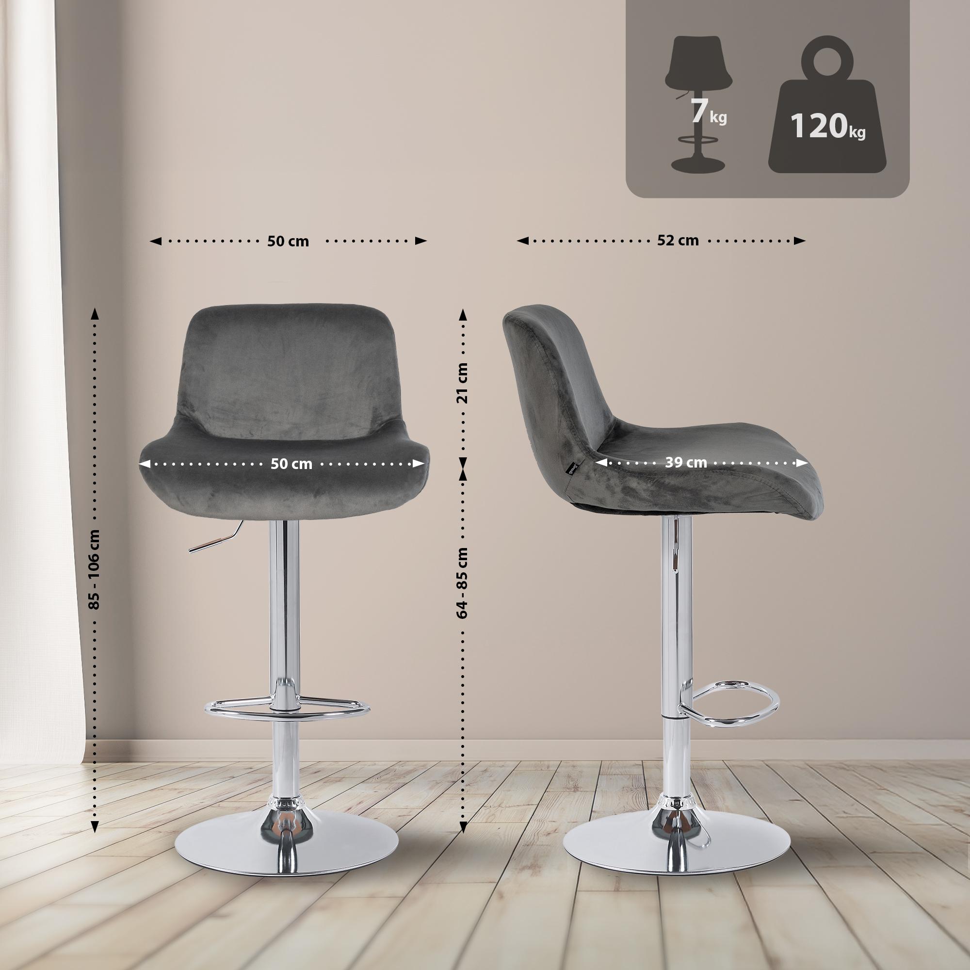 Set di 2 sgabelli da bar Solon in cromato e velluto grigio scuro, design moderno e comfort elevato.