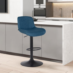 Set di 2 sgabelli da bar Solon neri con rivestimento blu, design moderno e comfort ottimale per la schiena.