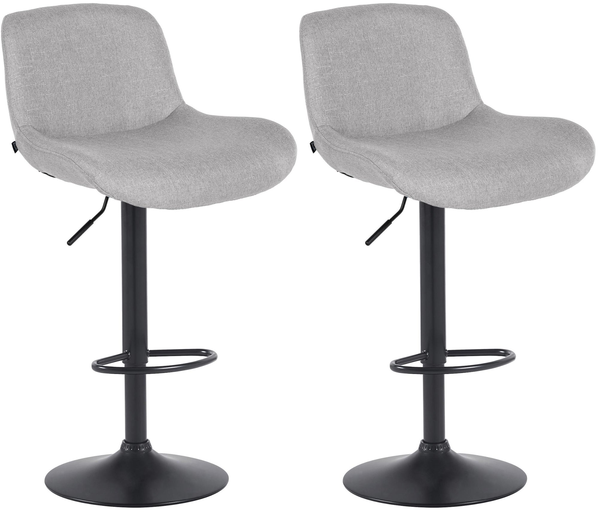 Set di 2 sgabelli da bar Solon neri con rivestimento in tessuto grigio chiaro, design moderno e comfort ottimale.
