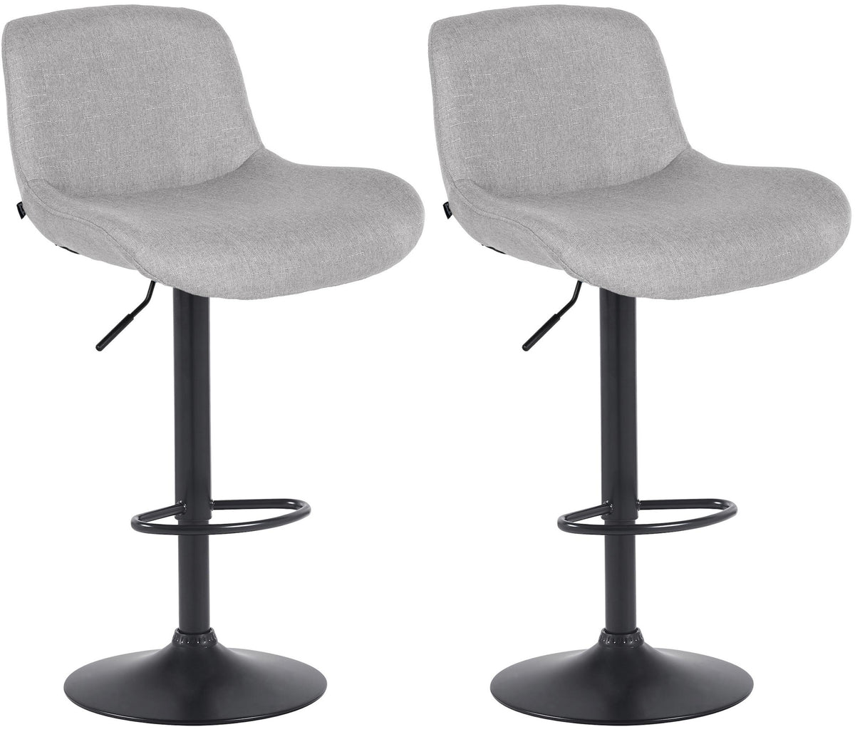 Set di 2 sgabelli da bar Solon neri con rivestimento in tessuto grigio chiaro, design moderno e comfort ottimale.
