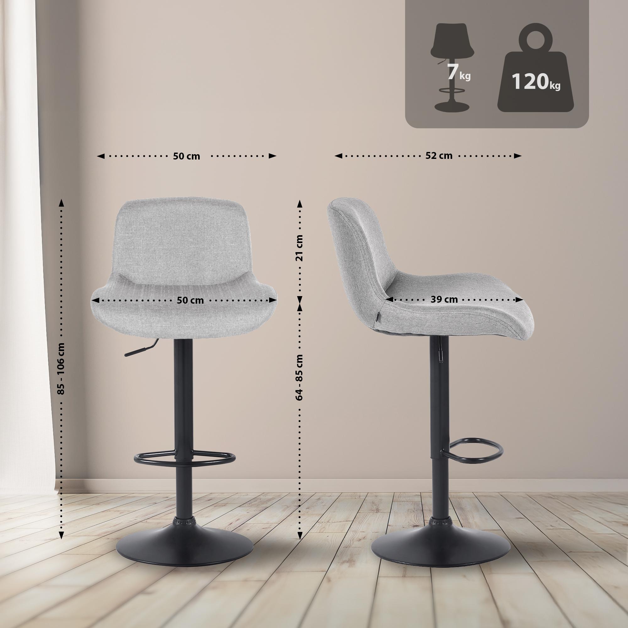 Set di 2 sgabelli da bar Solon neri con rivestimento in tessuto grigio chiaro, design moderno e comfort ottimale.