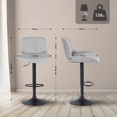 Set di 2 sgabelli da bar Solon neri con rivestimento in tessuto grigio chiaro, design moderno e comfort ottimale.