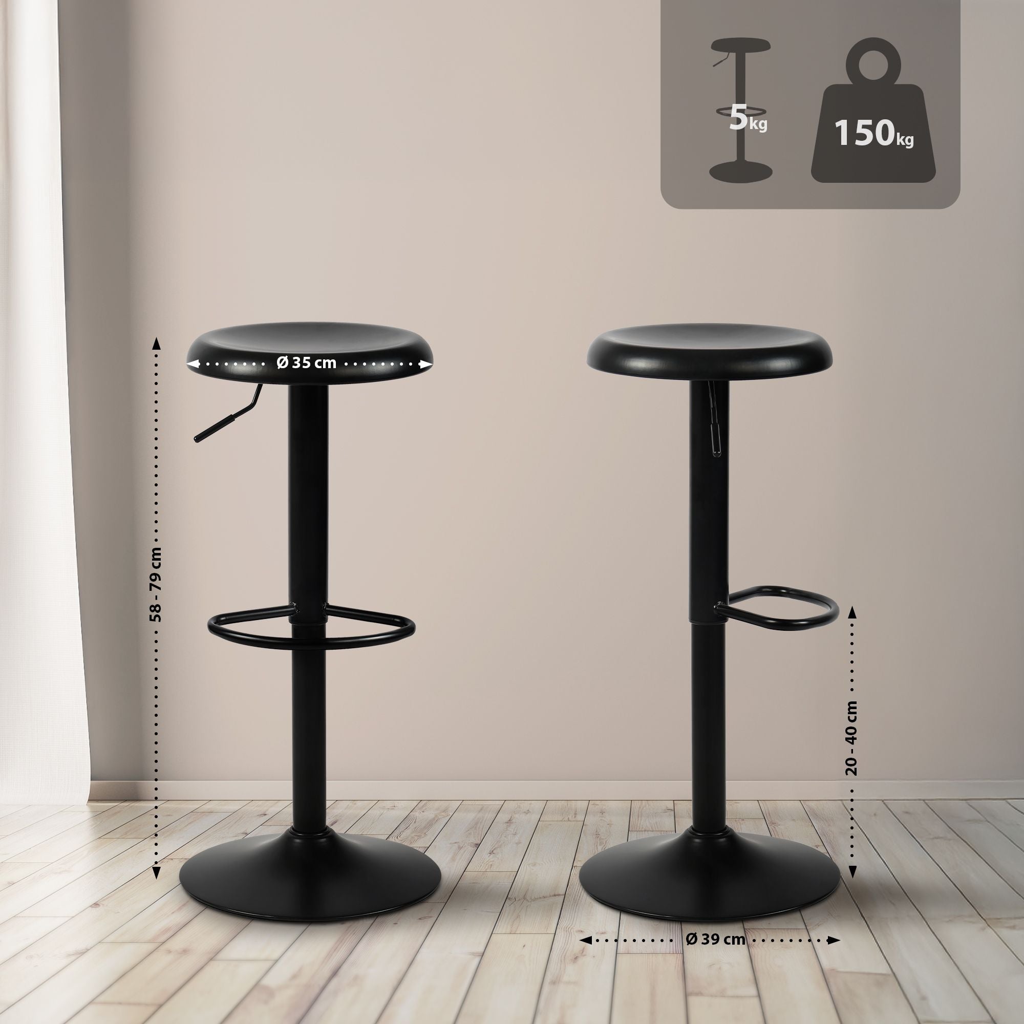 Set di 2 barhocker Williston neri, eleganti e regolabili, ideali per cucina e bar, comfort moderno e design raffinato.