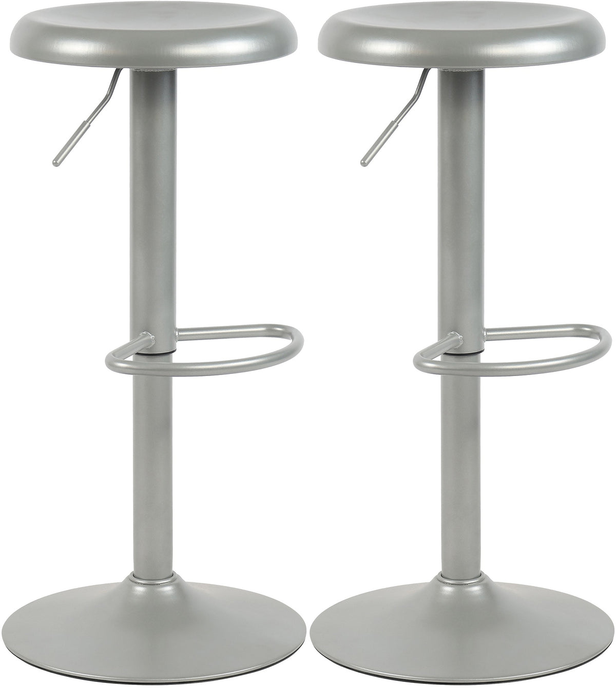 Set di 2 sgabelli bar Williston in metallo argentato, alti e regolabili, ideali per cucina e bar.