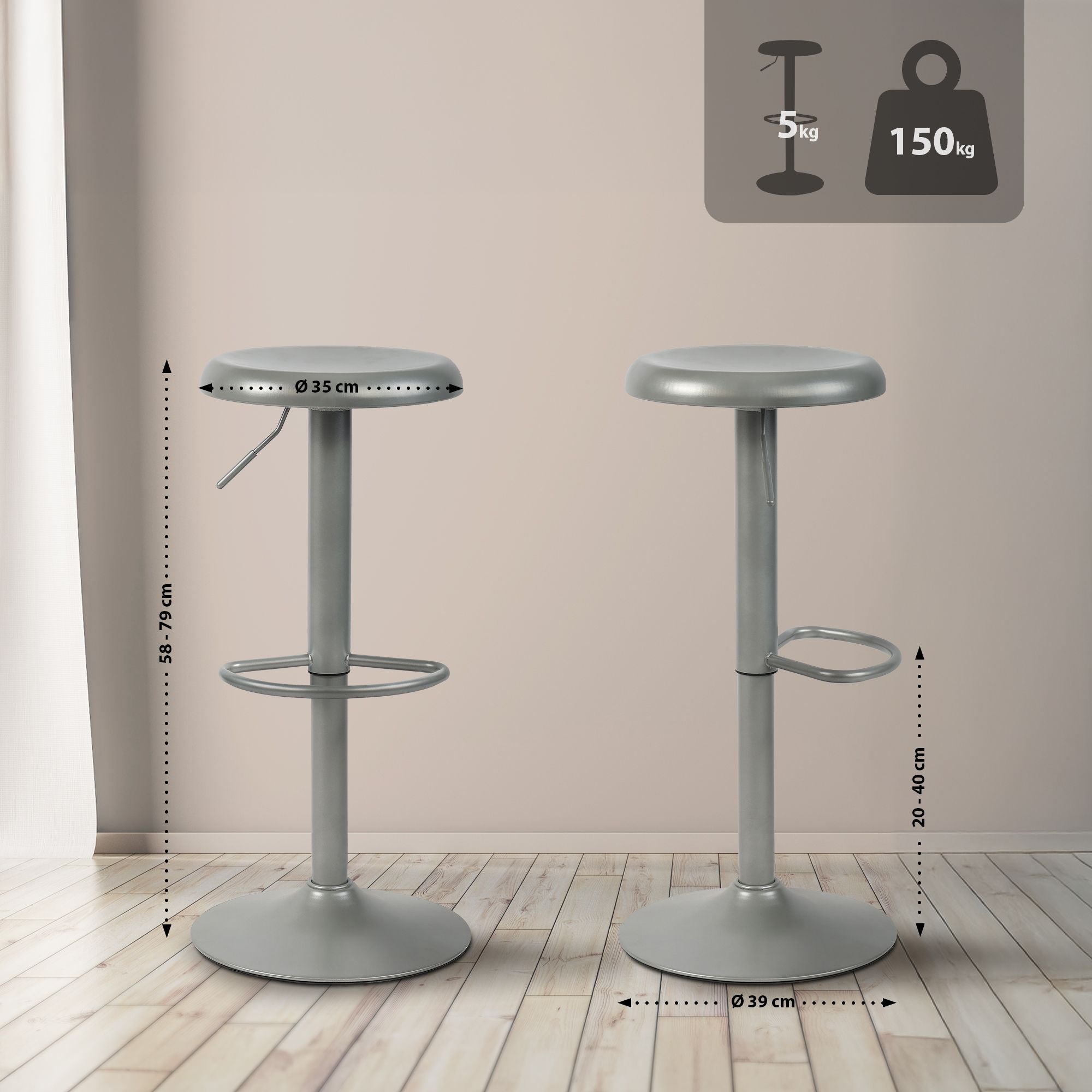 Set di 2 sgabelli bar Williston in metallo argentato, alti e regolabili, ideali per cucina e bar.