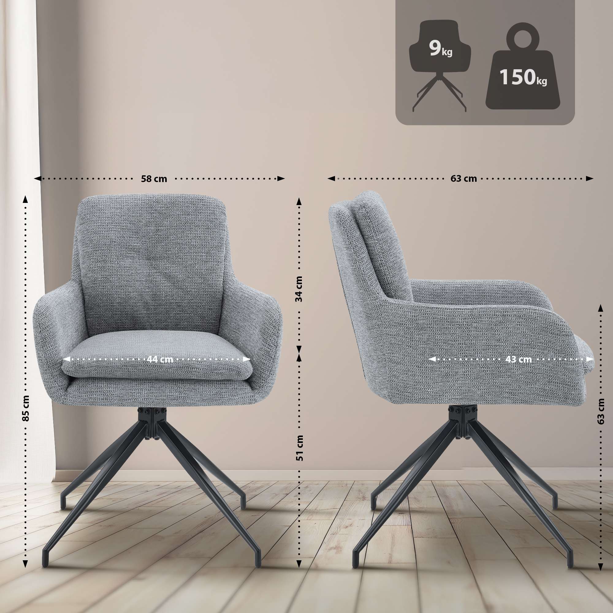 2er Set Esszimmerstuhl Pickett Stoff - grau by Dropshipping-Europe – Barhocker