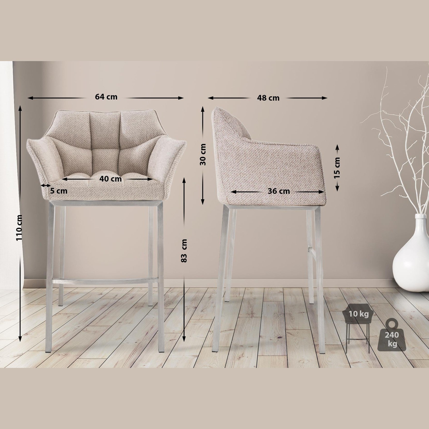 Barhocker Damaso E Stoff mit 4-Fuß Gestell - elfenbein - InfinityMarket