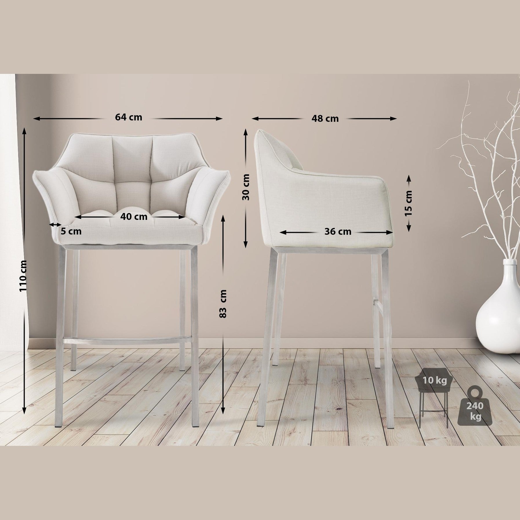 Barhocker Damaso E Stoff mit 4-Fuß Gestell - weiß - InfinityMarket