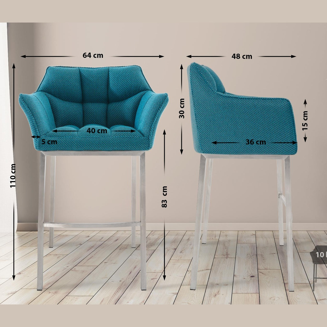 Barhocker Damaso E Stoff mit 4-Fuß Gestell - türkis - InfinityMarket
