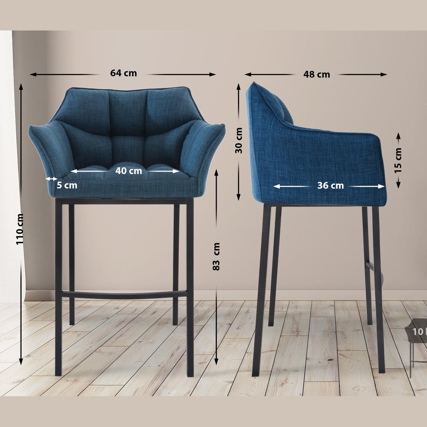 Barhocker Damaso B Stoff mit 4-Fuß Gestell - blau - InfinityMarket