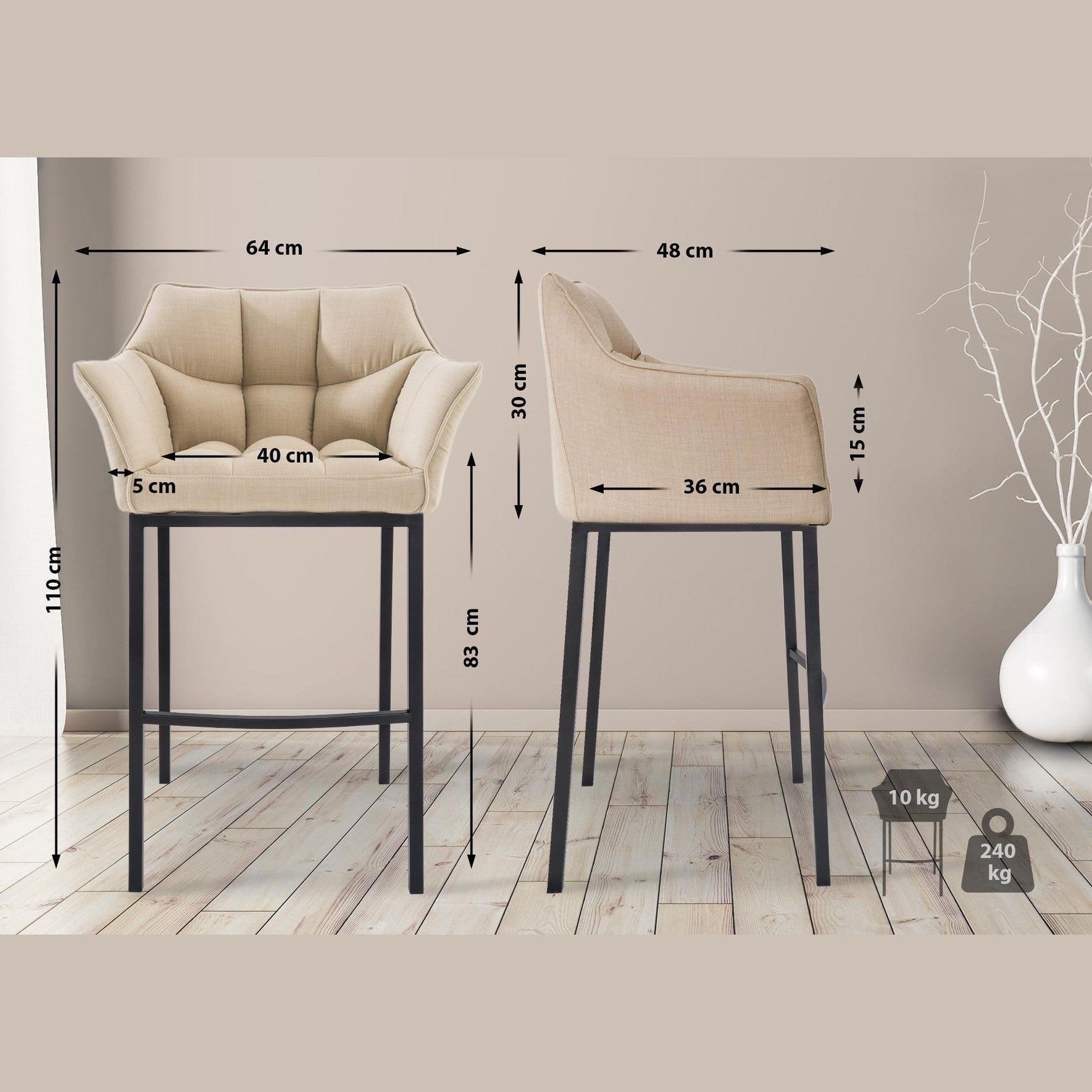 Barhocker Damaso B Stoff mit 4-Fuß Gestell - creme - InfinityMarket