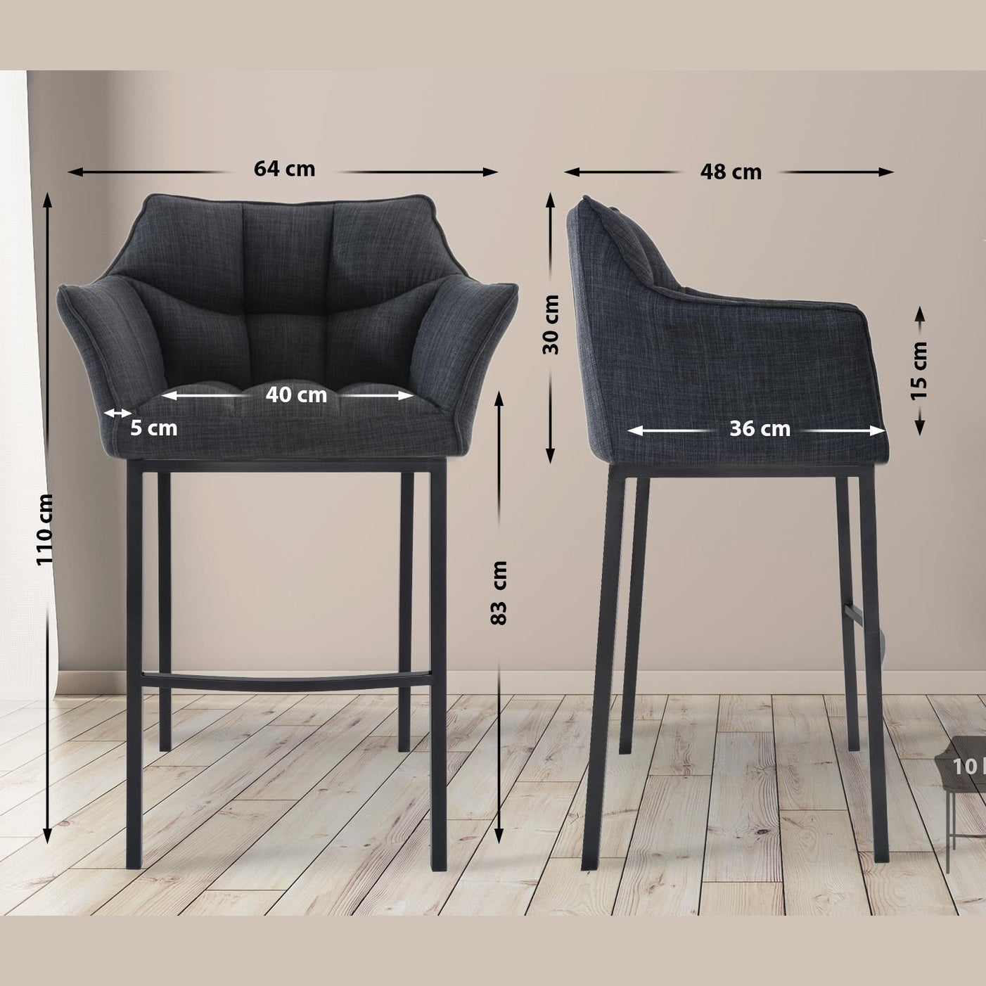 Barhocker Damaso B Stoff mit 4-Fuß Gestell - dunkelgrau - InfinityMarket