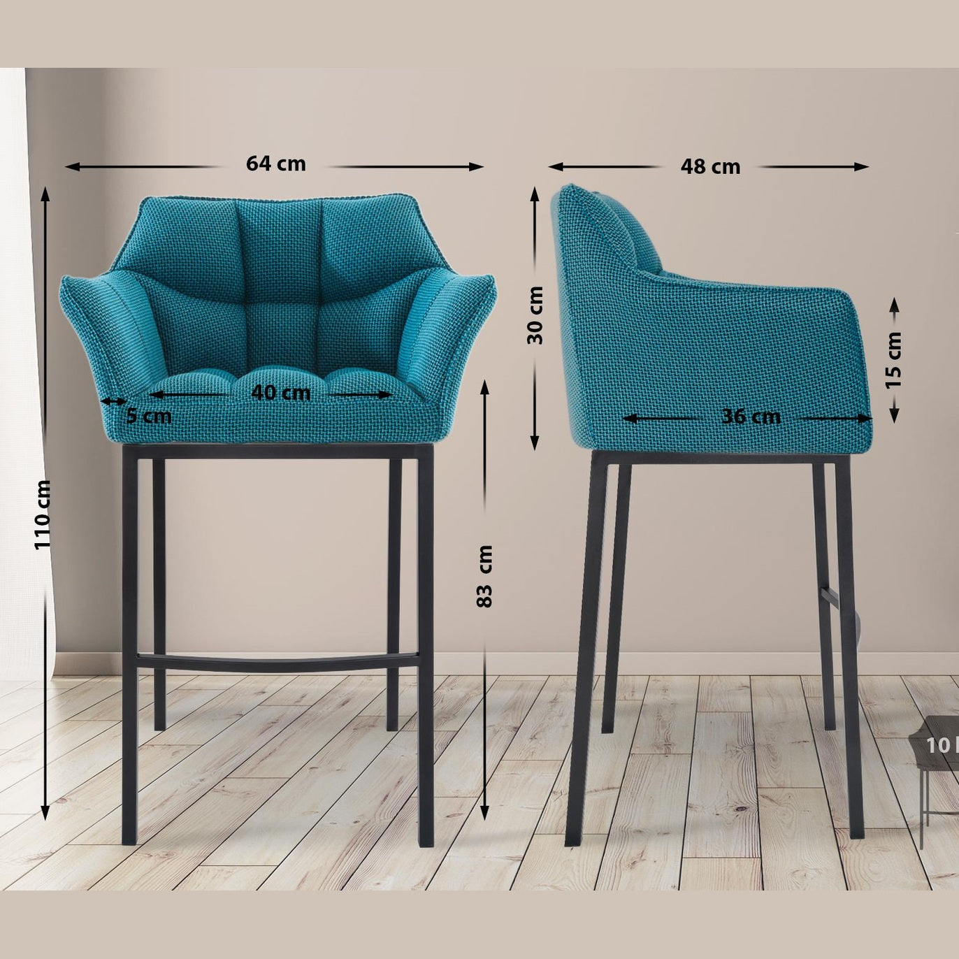 Barhocker Damaso B Stoff mit 4-Fuß Gestell - türkis - InfinityMarket