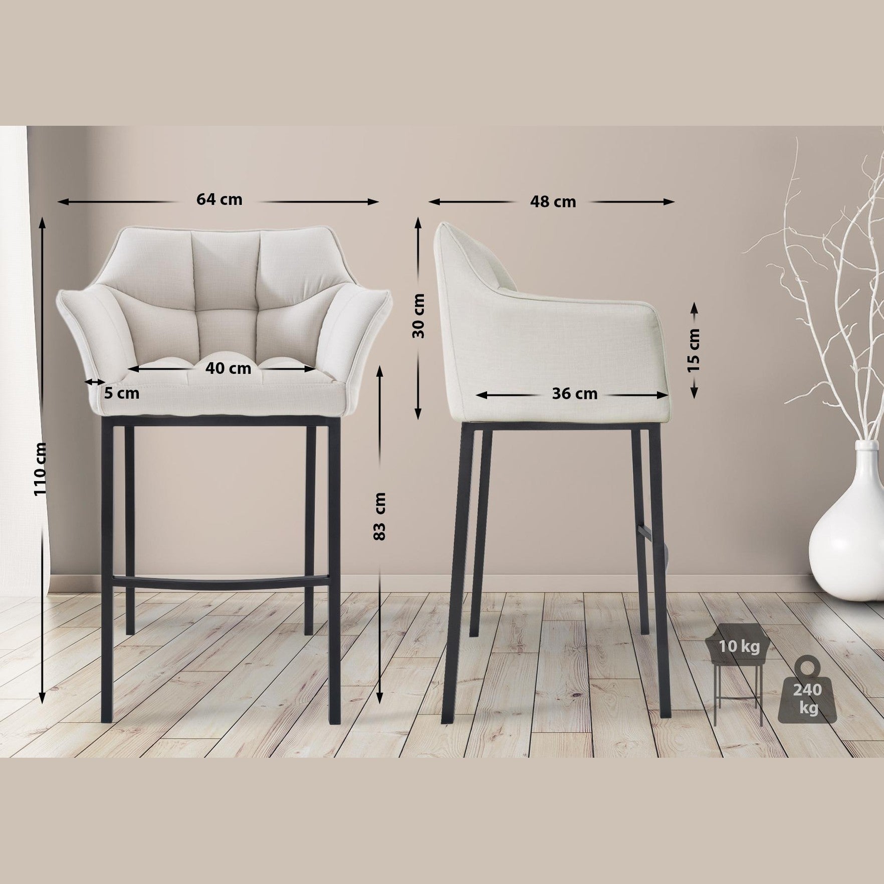 Barhocker Damaso B Stoff mit 4-Fuß Gestell - weiß - InfinityMarket